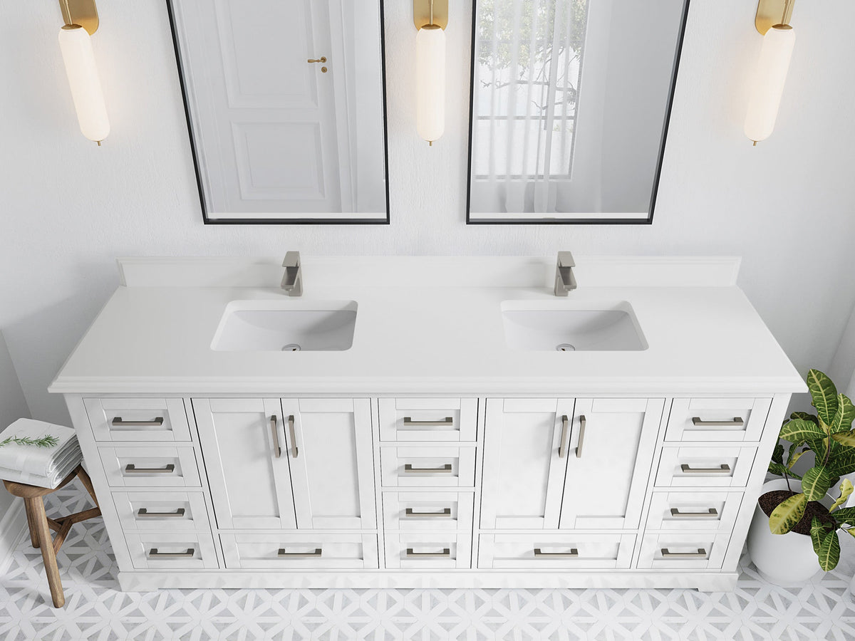 Boston 84 in. W x 22 in. D Double Sink Bathroom Vanity in White with 1.5 in Double Cove Edge White Quartz Countertop - Top View
