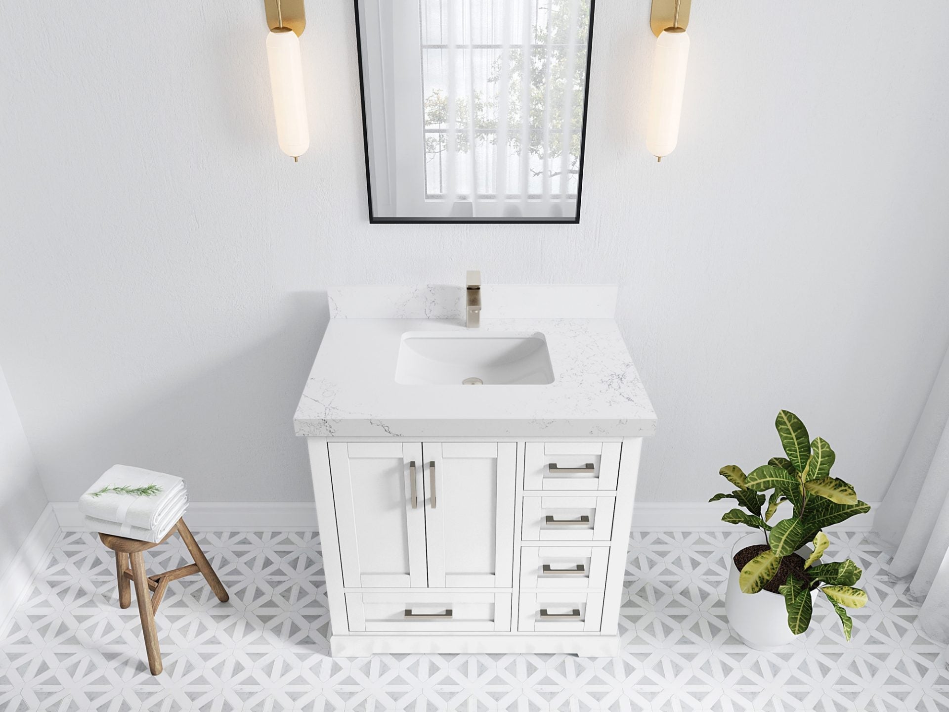 Boston 36 in. W x 22 in. D Single Sink Bathroom Vanity in White with 2 in Empira White Quartz Countertop - Top View
