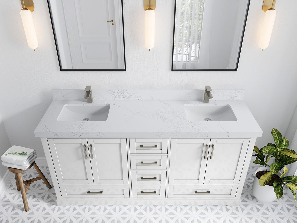 Boston 72 in. W x 22 in. D Double Sink Bathroom Vanity in White with 2 in Empira White Quartz Countertop - Top View