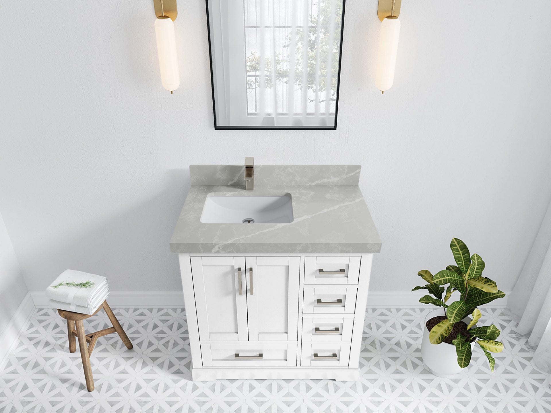 Boston 36 in. W x 22 in. D Single Sink Bathroom Vanity in White with 2 in Pearl Light Gray Quartz Countertop - Top View