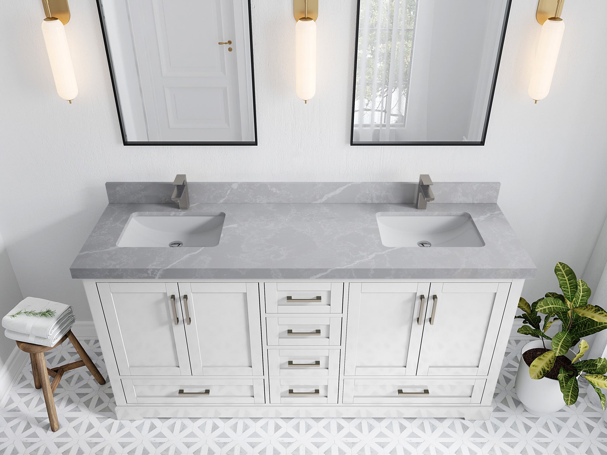 Boston 72 in. W x 22 in. D Double Sink Bathroom Vanity in White with 2 in Pearl Light Gray Quartz Countertop - Top View
