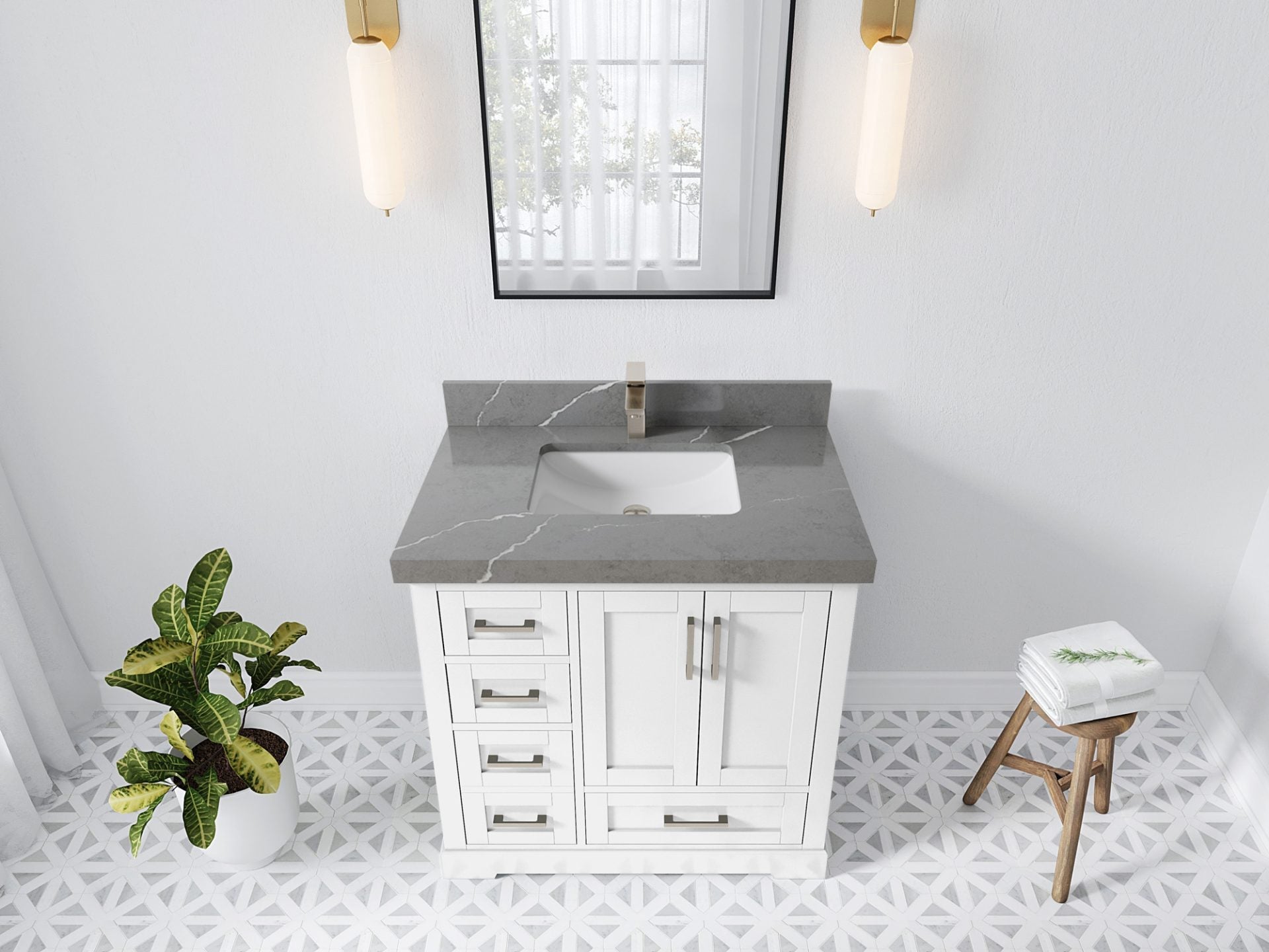 Boston 36 in. W x 22 in. D Single Sink Bathroom Vanity in White with 2 in Piatra Gray Quartz Countertop - Top View
