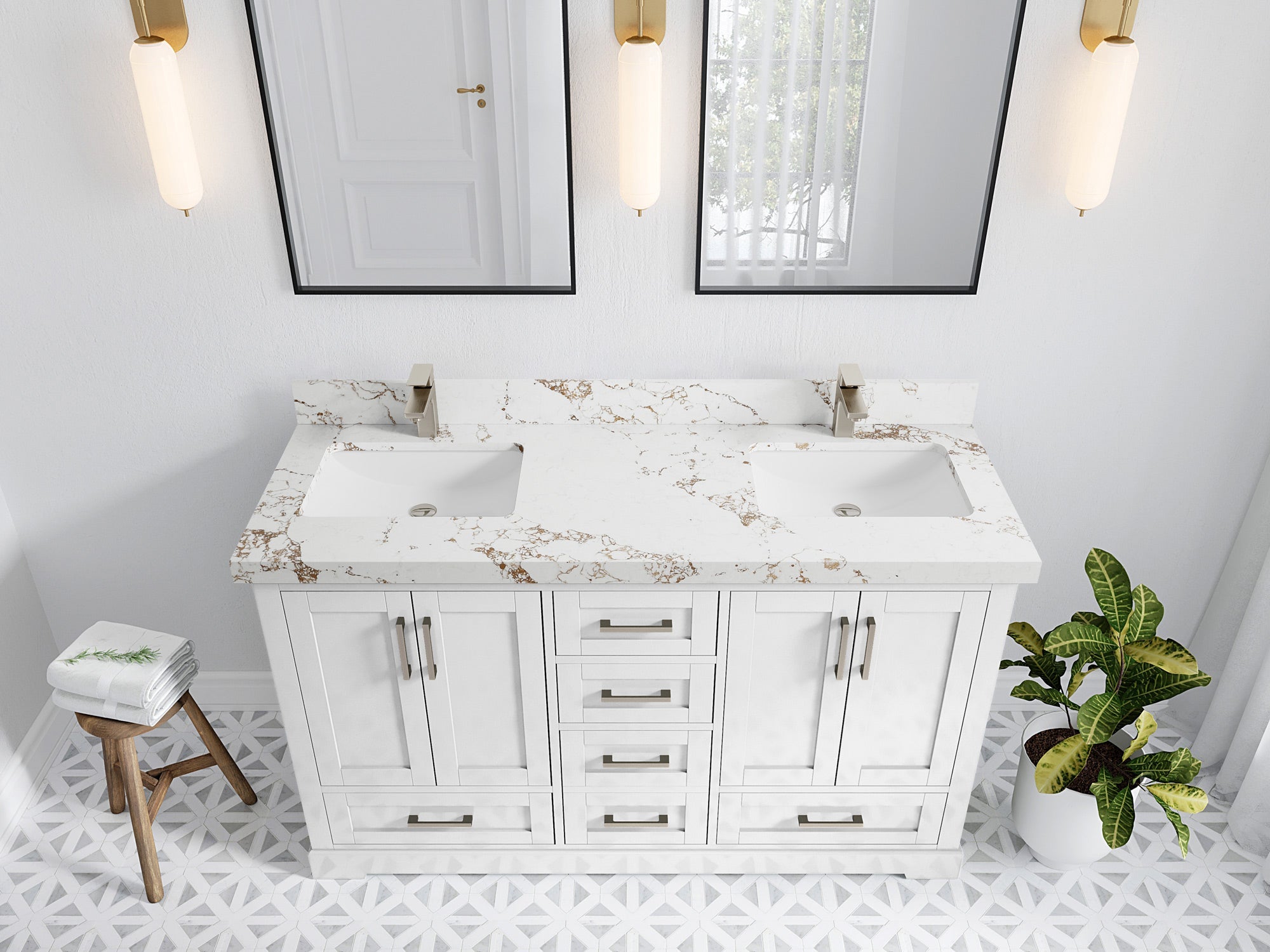 Boston 60 in. W x 22 in. D Double Sink Bathroom Vanity in White with 2 in Viola Gold Quartz Countertop - Top View