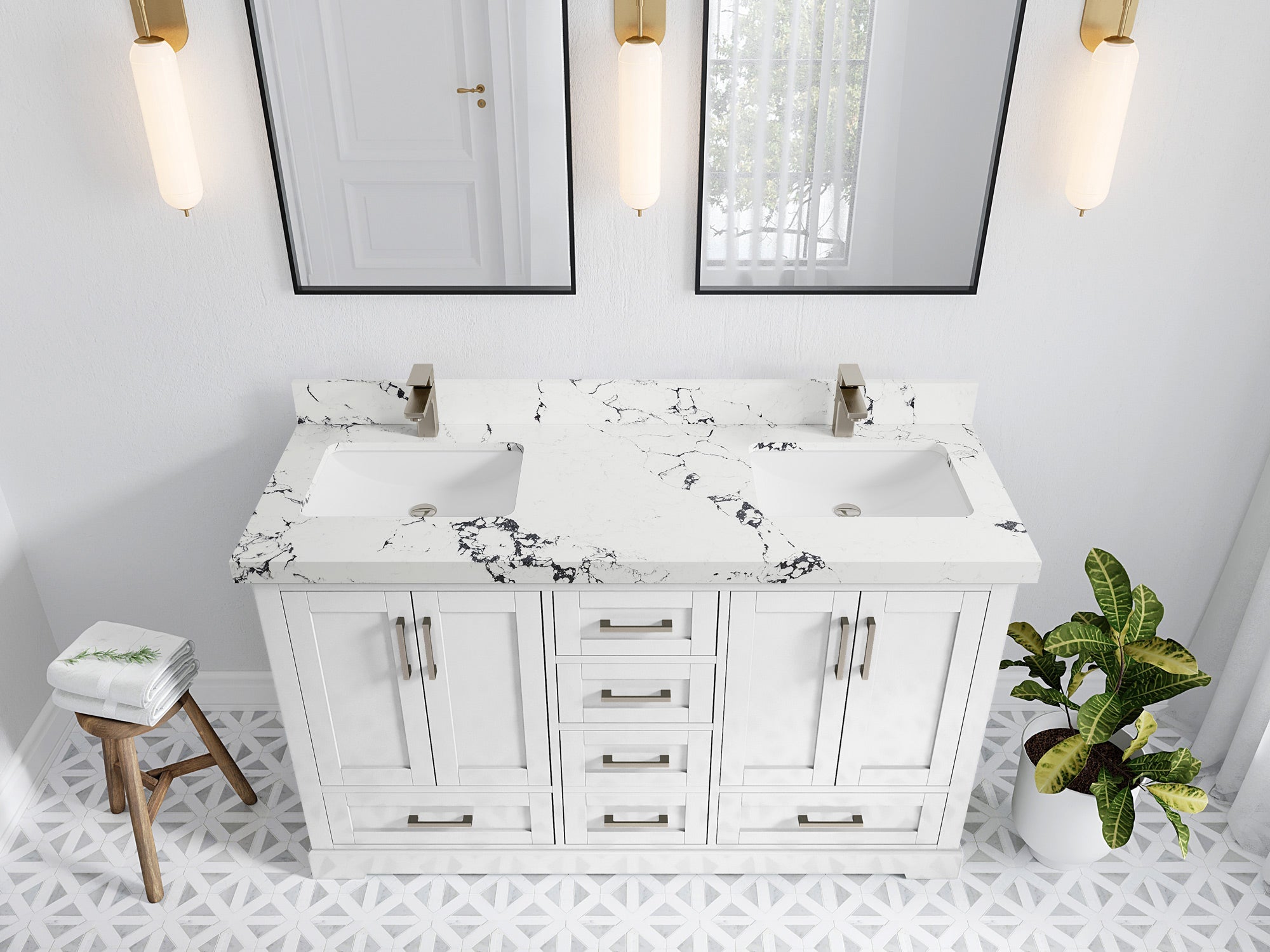 Boston 60 in. W x 22 in. D Double Sink Bathroom Vanity in White with 2 in Viola Night Quartz Countertop - Top View