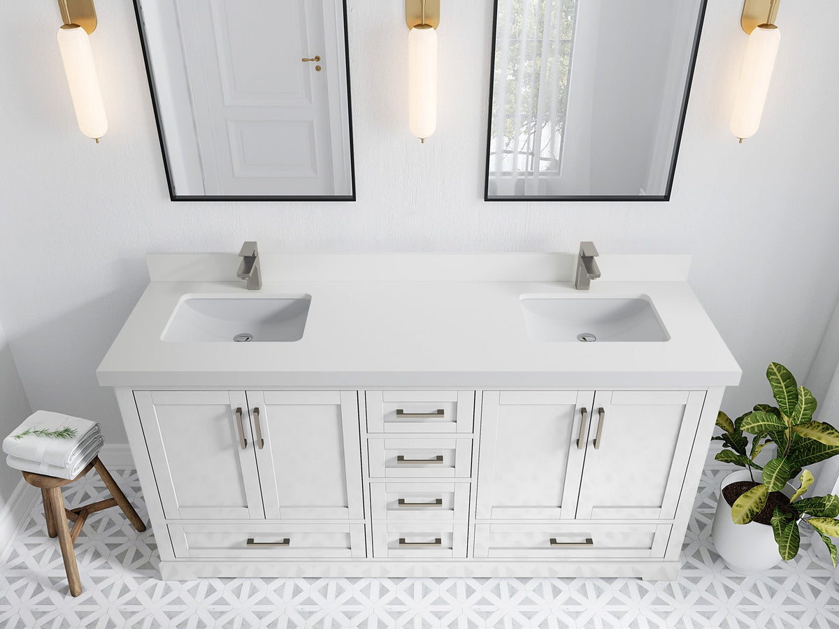 Boston 72 in. W x 22 in. D Double Sink Bathroom Vanity in White with 2 in White Quartz Countertop - Top View
