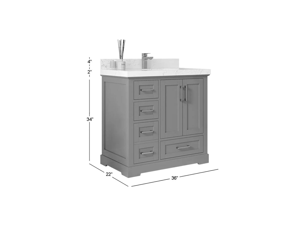 Boston 36 in. W x 22 in. D Single Sink Bathroom Vanity in Alabaster with Countertop - Dimensions