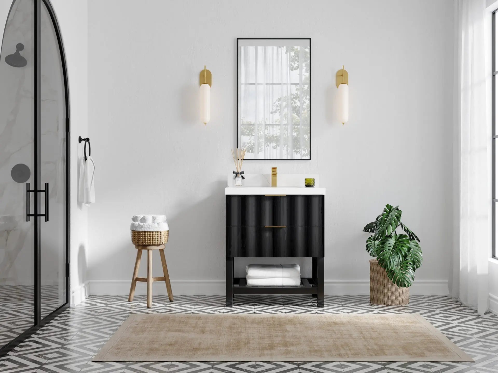 Catalina 30-inch black reeded single-sink bathroom vanity in a bright bathroom, full front view