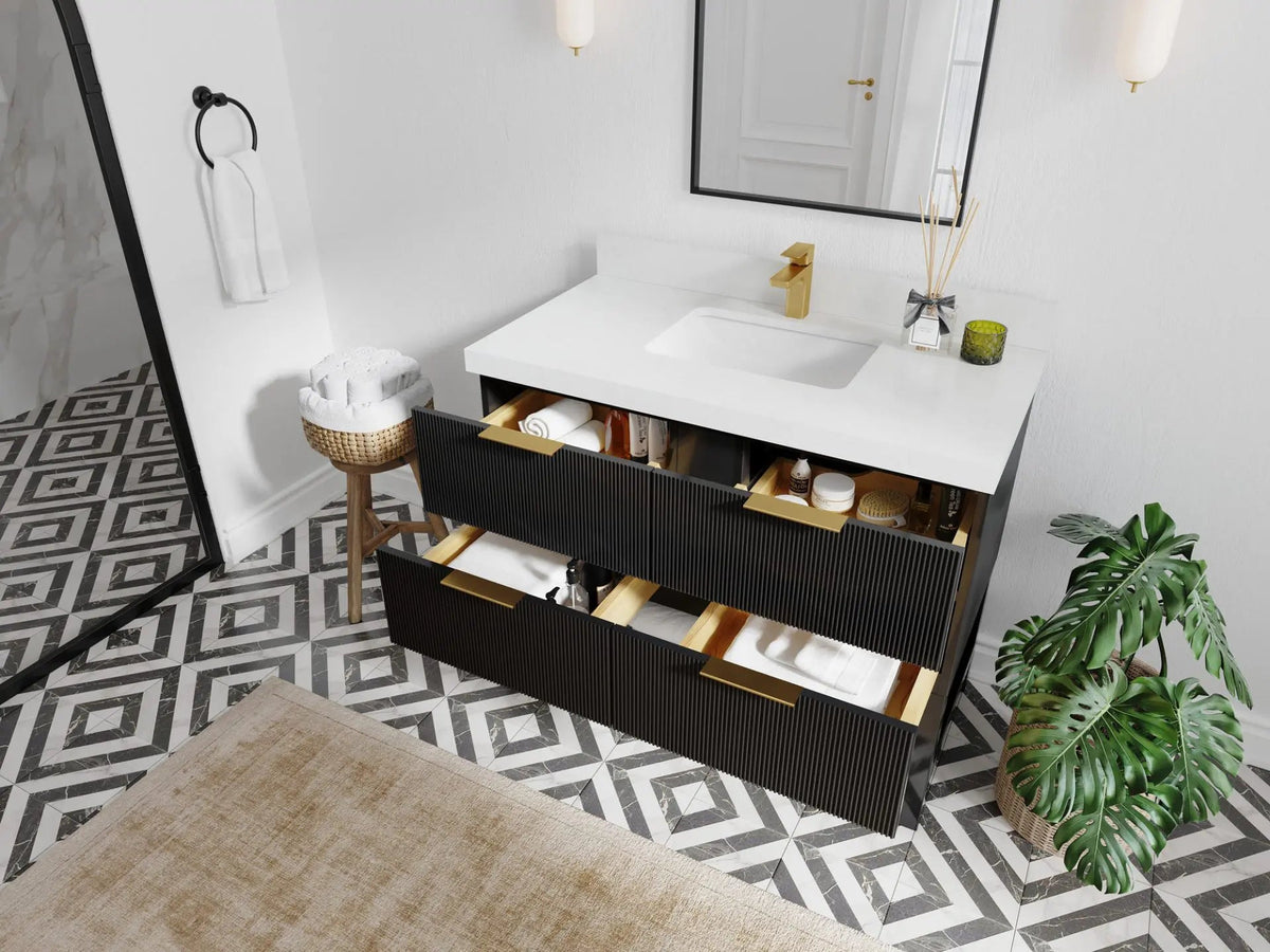 Catalina 42 in. W x 22 in. D Single Sink Bathroom Vanity in Black with Countertop - Side View Open Drawer