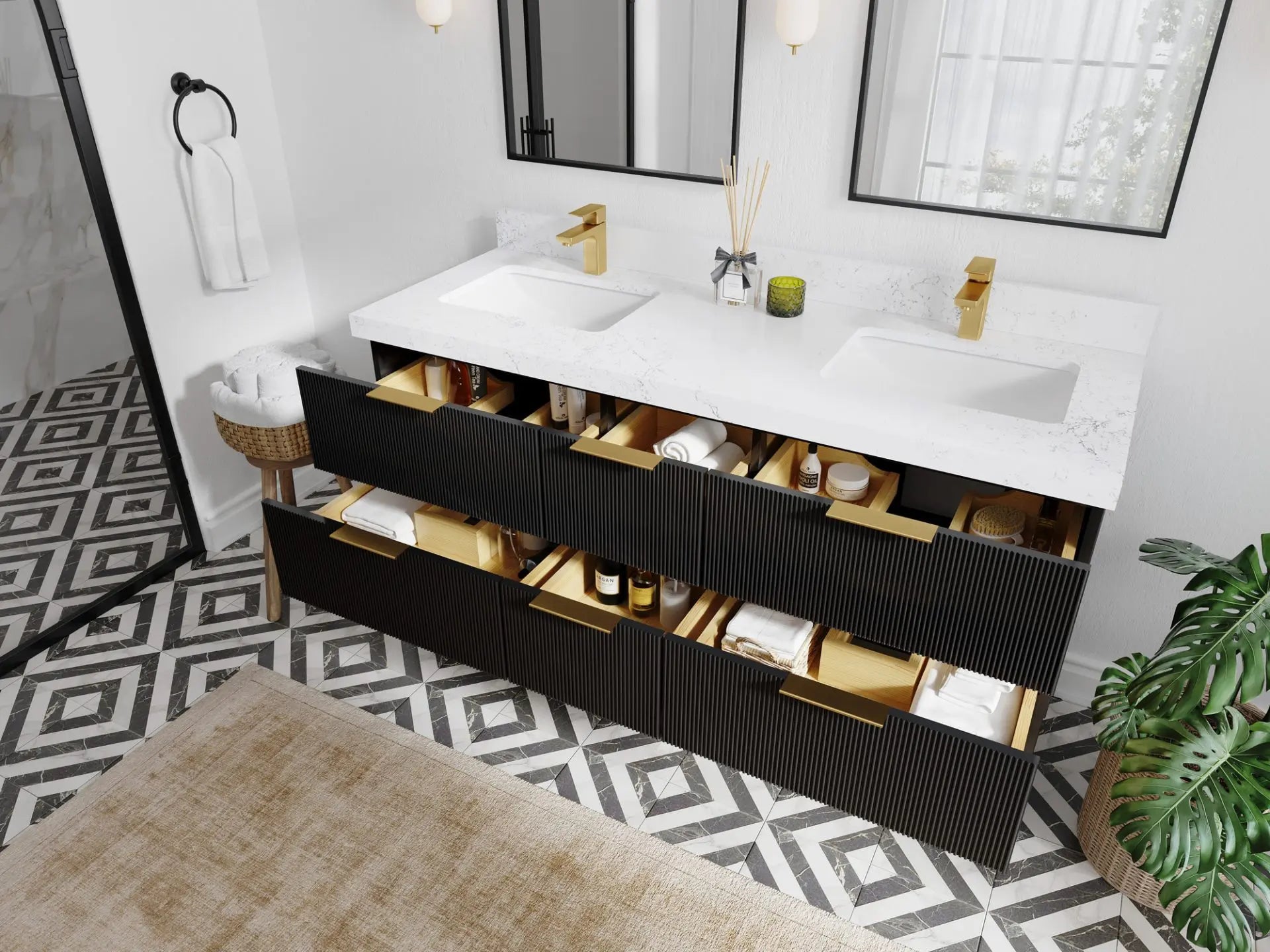 Catalina 60 in. W x 22 in. D Double Sink Bathroom Vanity in Black with Countertop - Side View Open Drawer