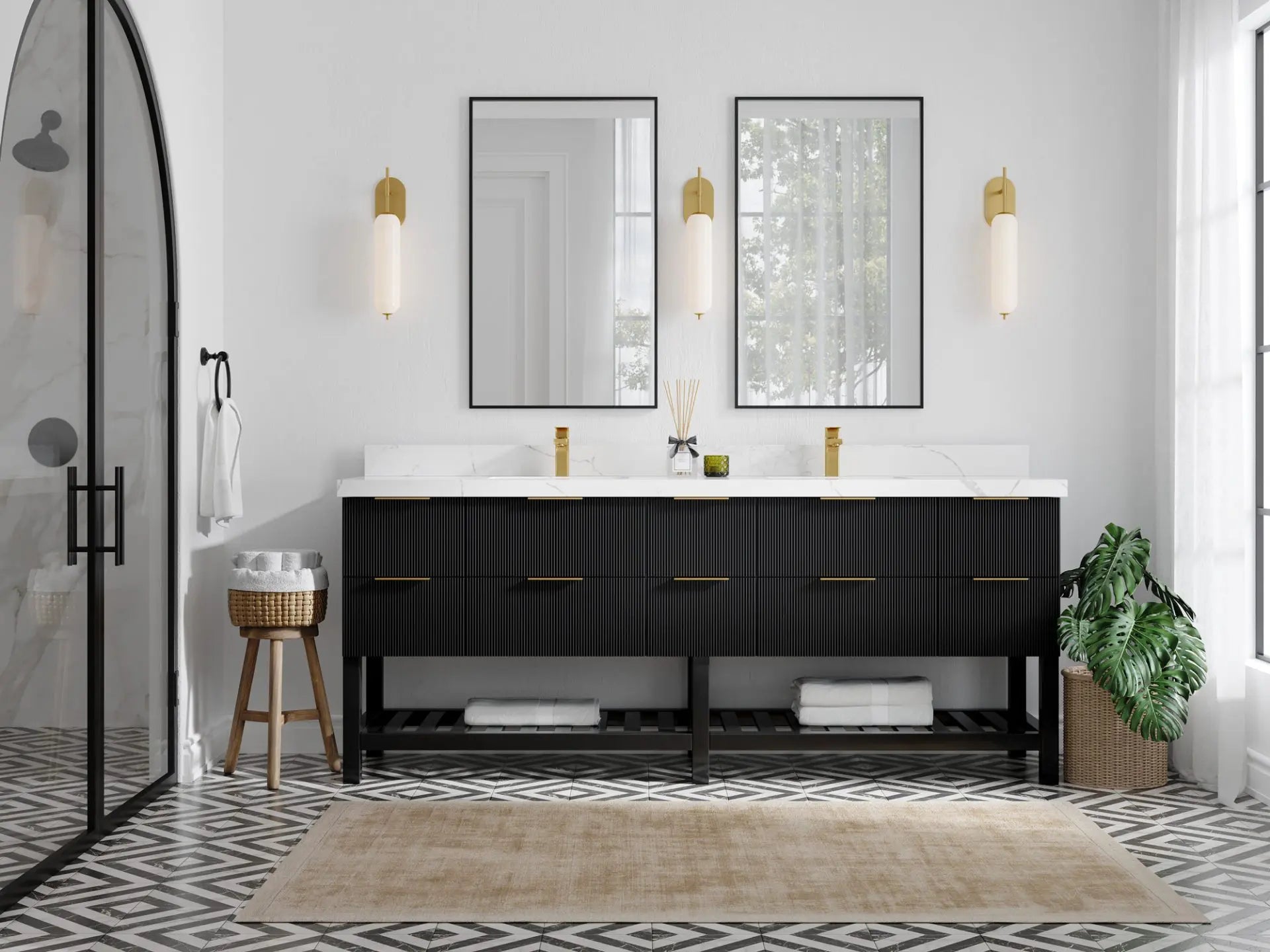 Catalina 84 in. W x 22 in. D Double Sink Bathroom Vanity in Black with Countertop - Full View