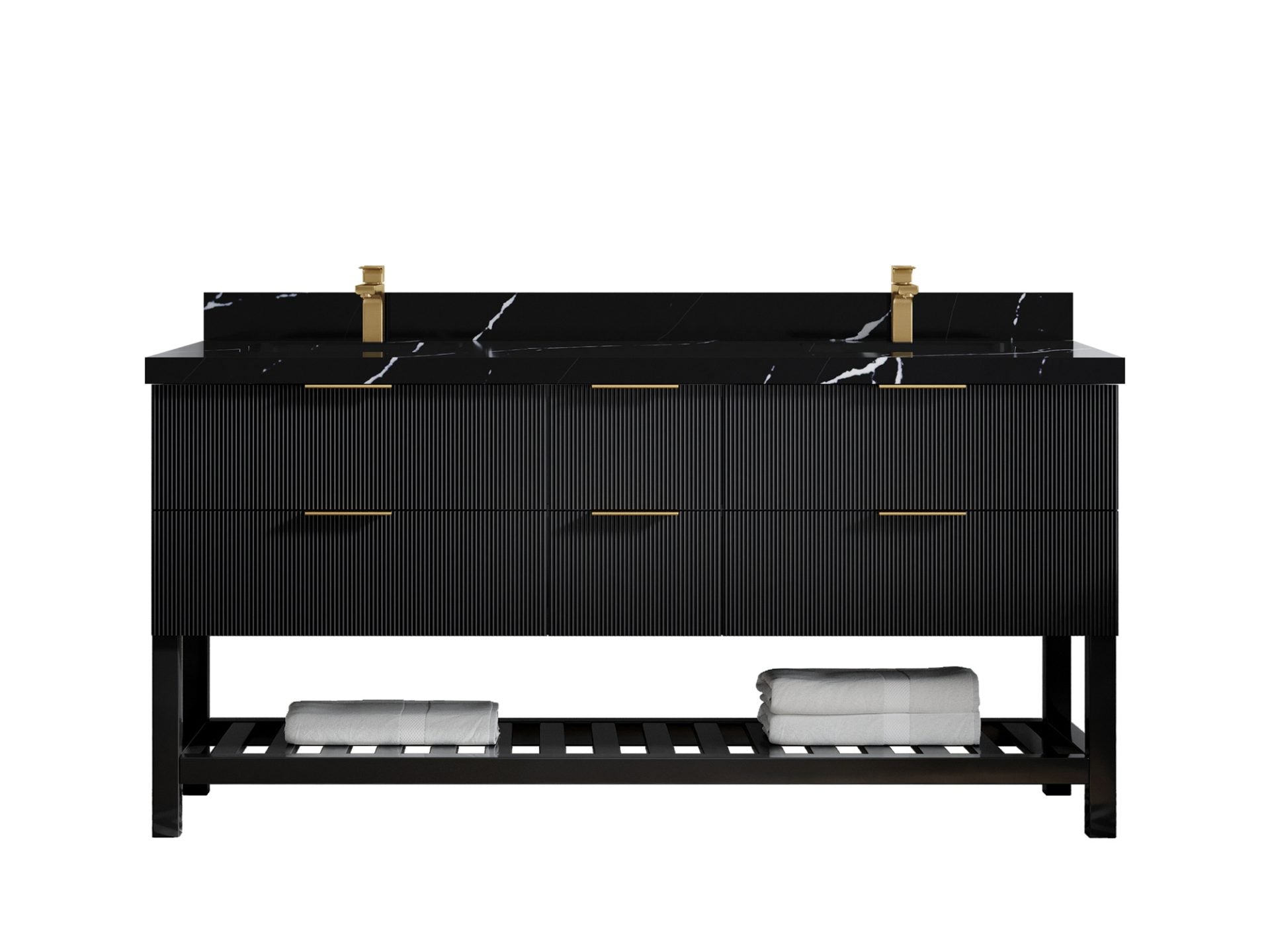 Catalina 72 in. W x 22 in. D Double Sink Bathroom Vanity in Black with 2 in Calacatta Black Quartz Countertop