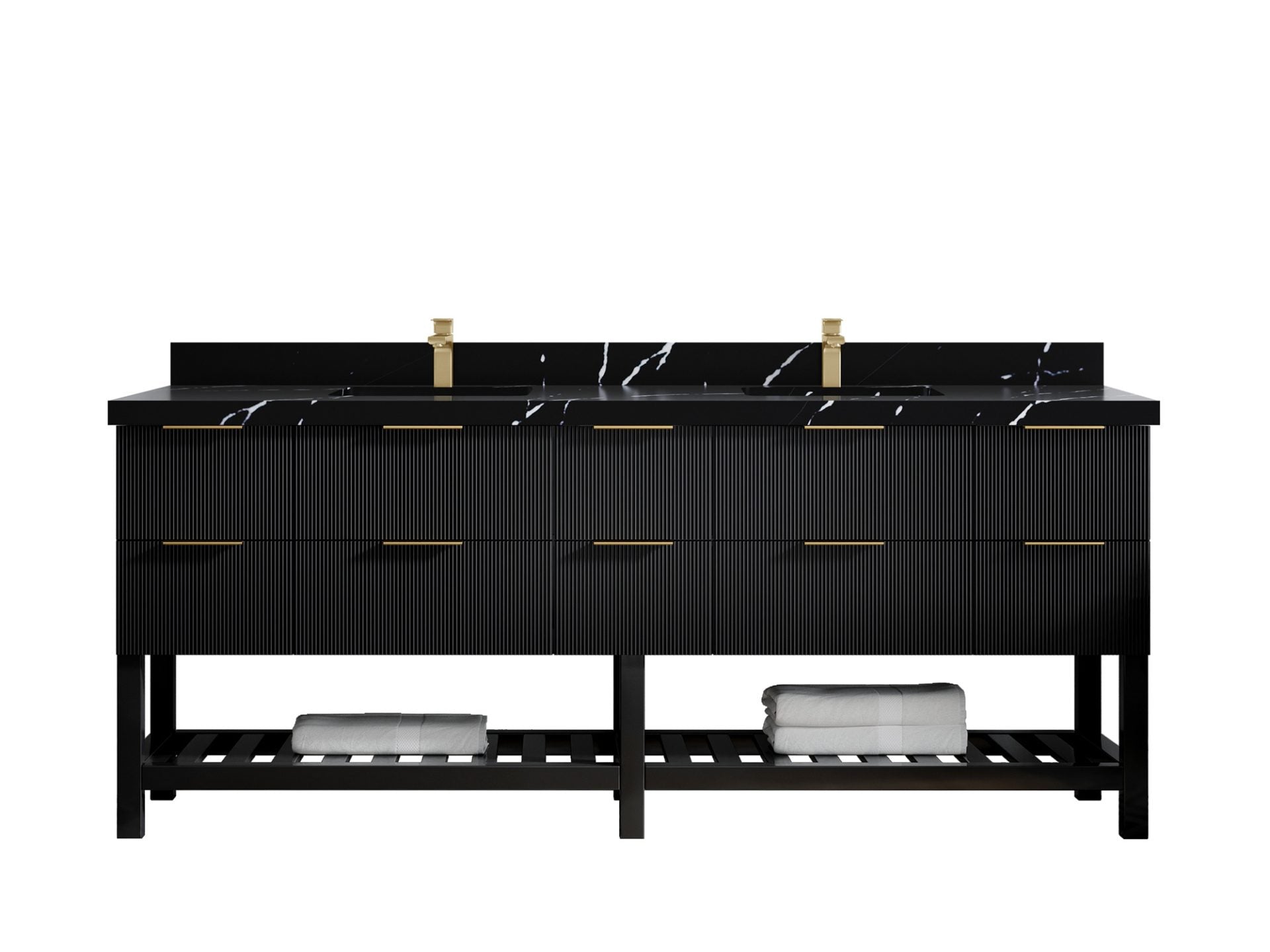 Catalina 84 in. W x 22 in. D Double Sink Bathroom Vanity in Black with 2 in Calacatta Black Quartz Countertop