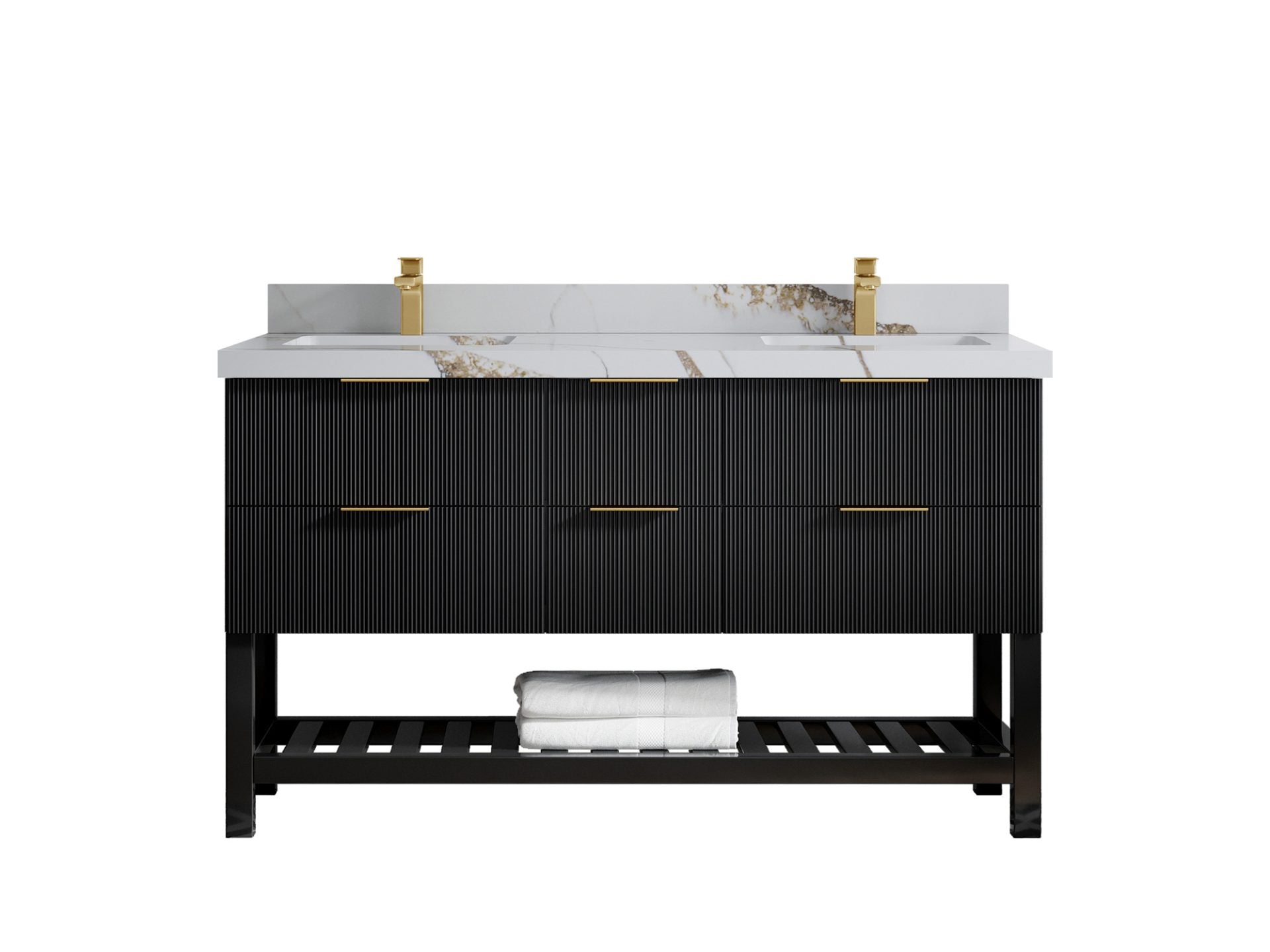Catalina 60 in. W x 22 in. D Double Sink Bathroom Vanity in Black with 2 in Calacatta Gold Quartz Countertop