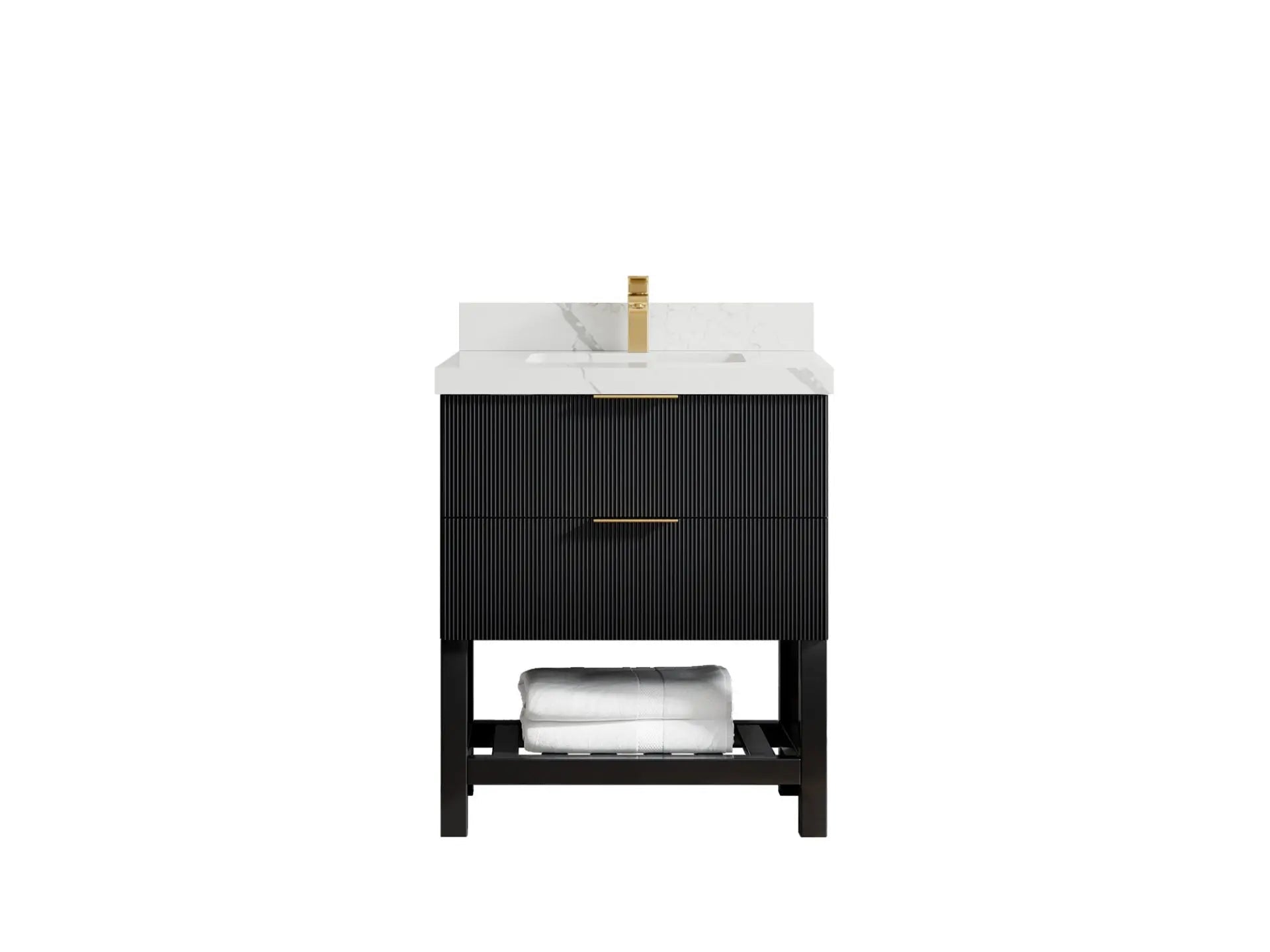 Catalina 30-inch black reeded single-sink bathroom vanity with Calacatta Laza quartz countertop and gold faucet, front view