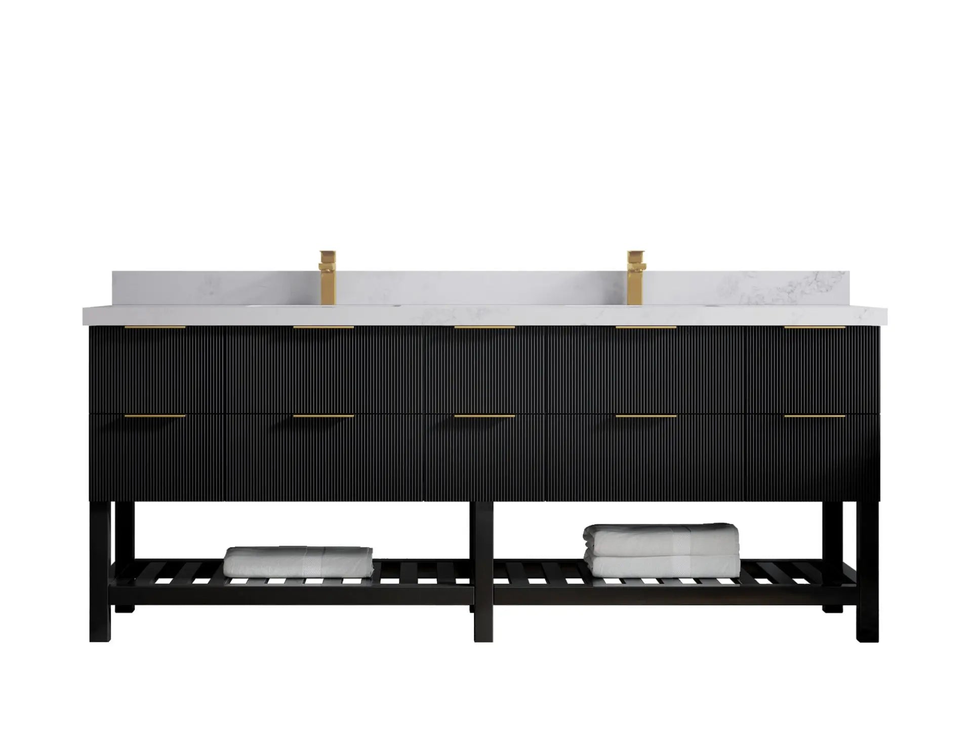 Catalina 84 in. W x 22 in. D Double Sink Bathroom Vanity in Black with 2 in Calacatta Nuvo Quartz Countertop