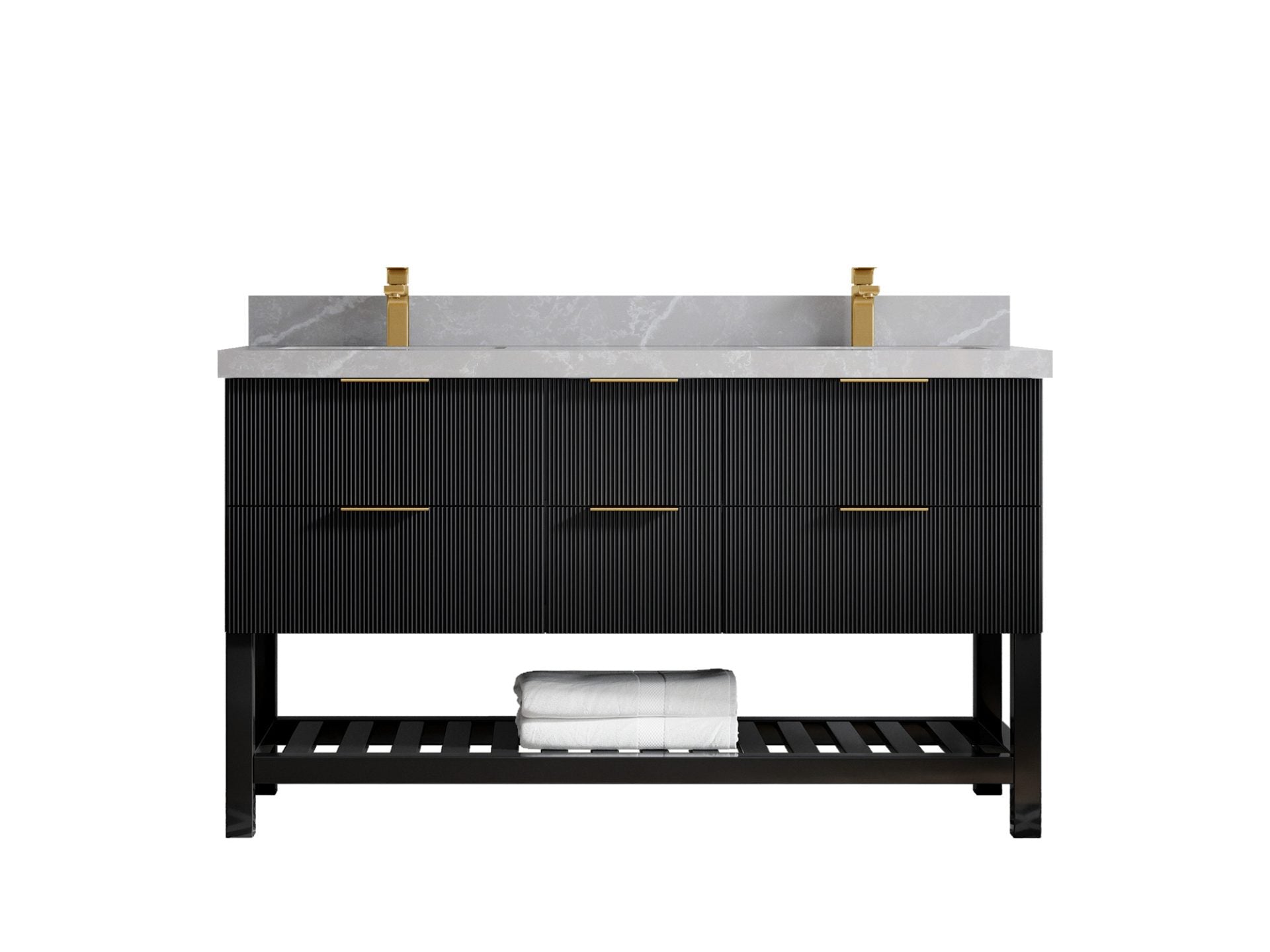 Catalina 60 in. W x 22 in. D Double Sink Bathroom Vanity in Black with 2 in Pearl Light Gray Quartz Countertop
