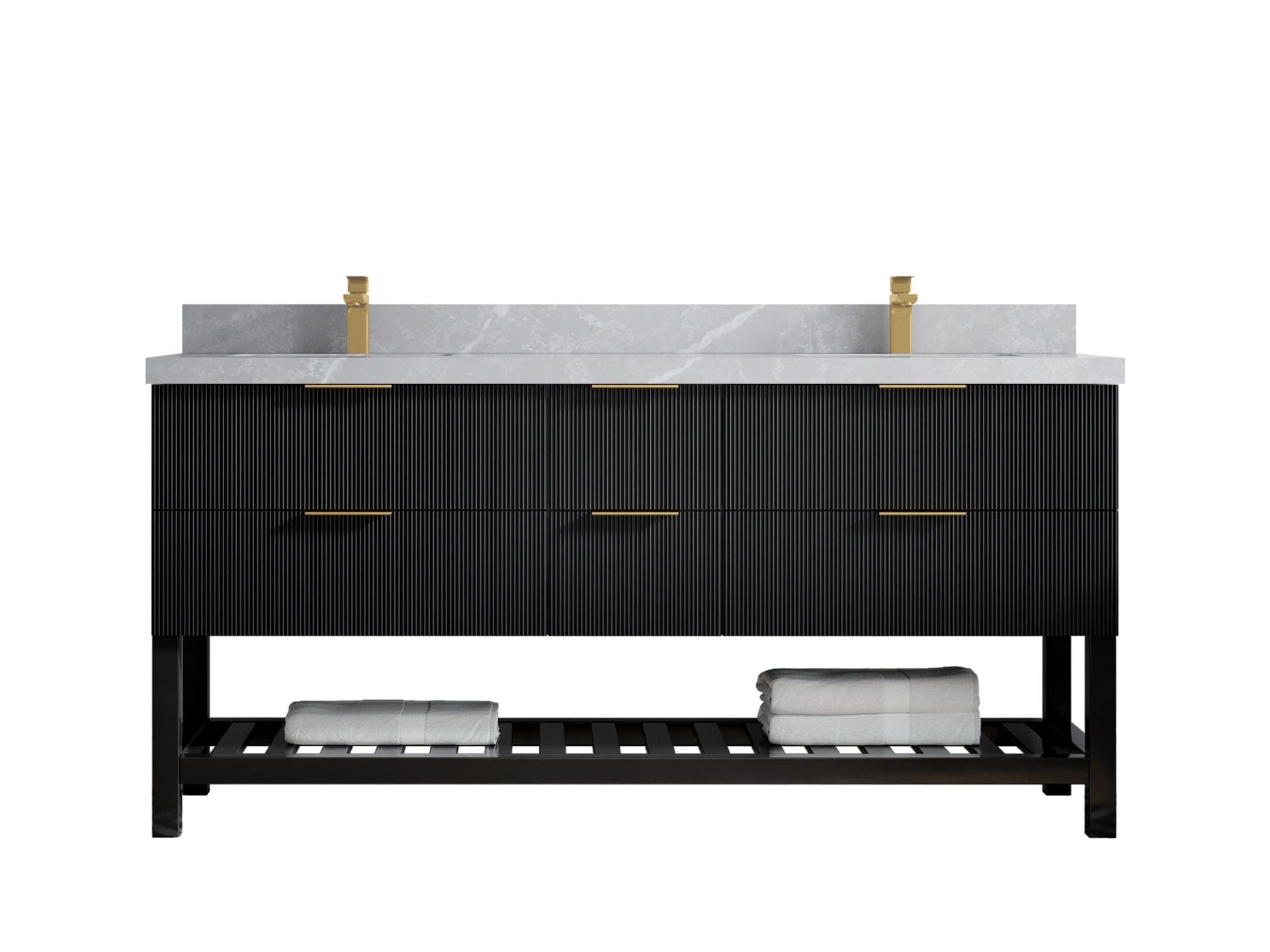 Catalina 72 in. W x 22 in. D Double Sink Bathroom Vanity in Black with 2 in Pearl Light Gray Quartz Countertop