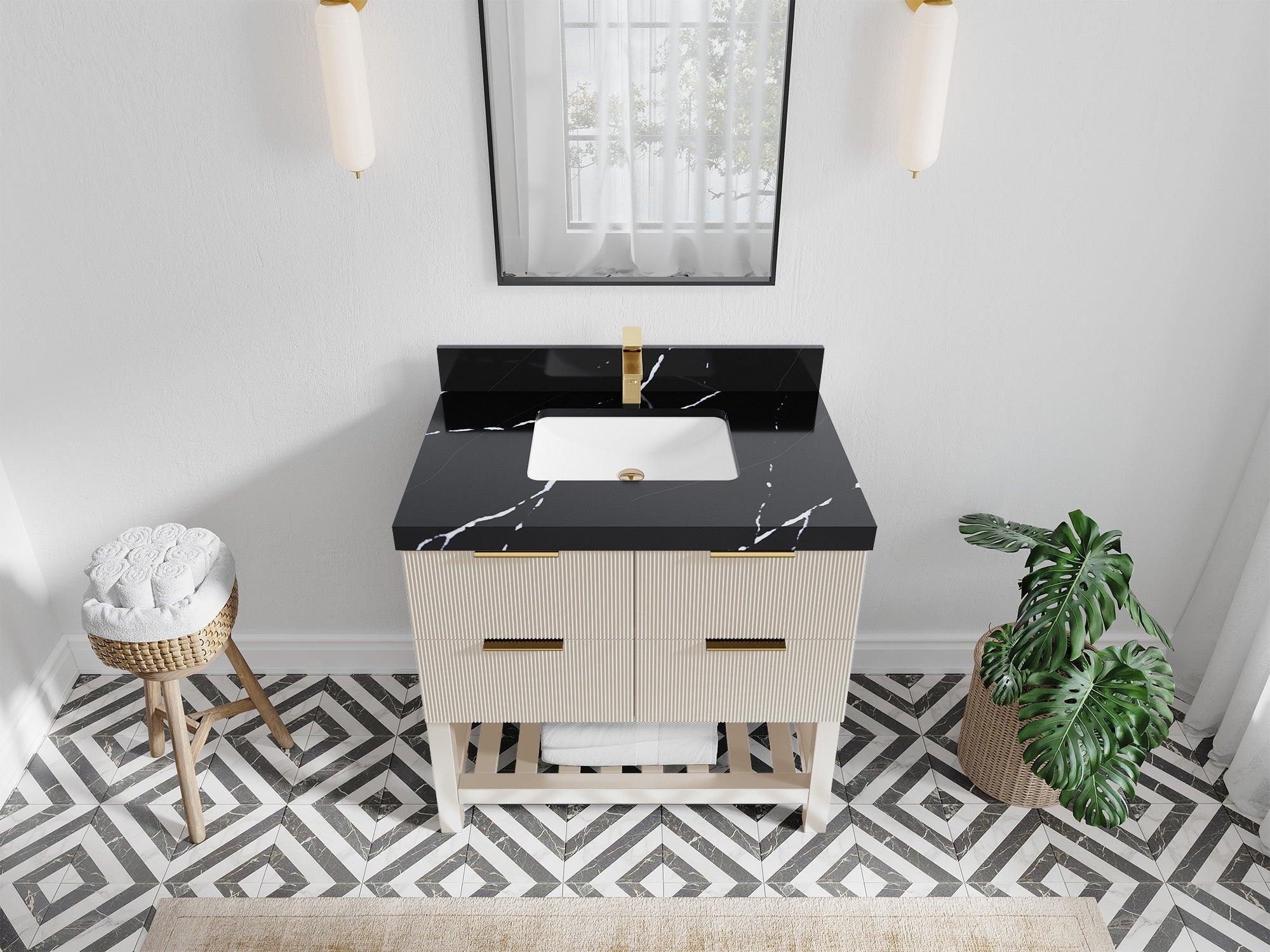 Catalina 36 in. W x 22 in. D Single Sink Bathroom Vanity in Fine Grain with 2 in Calacatta Black Quartz Countertop - Top View