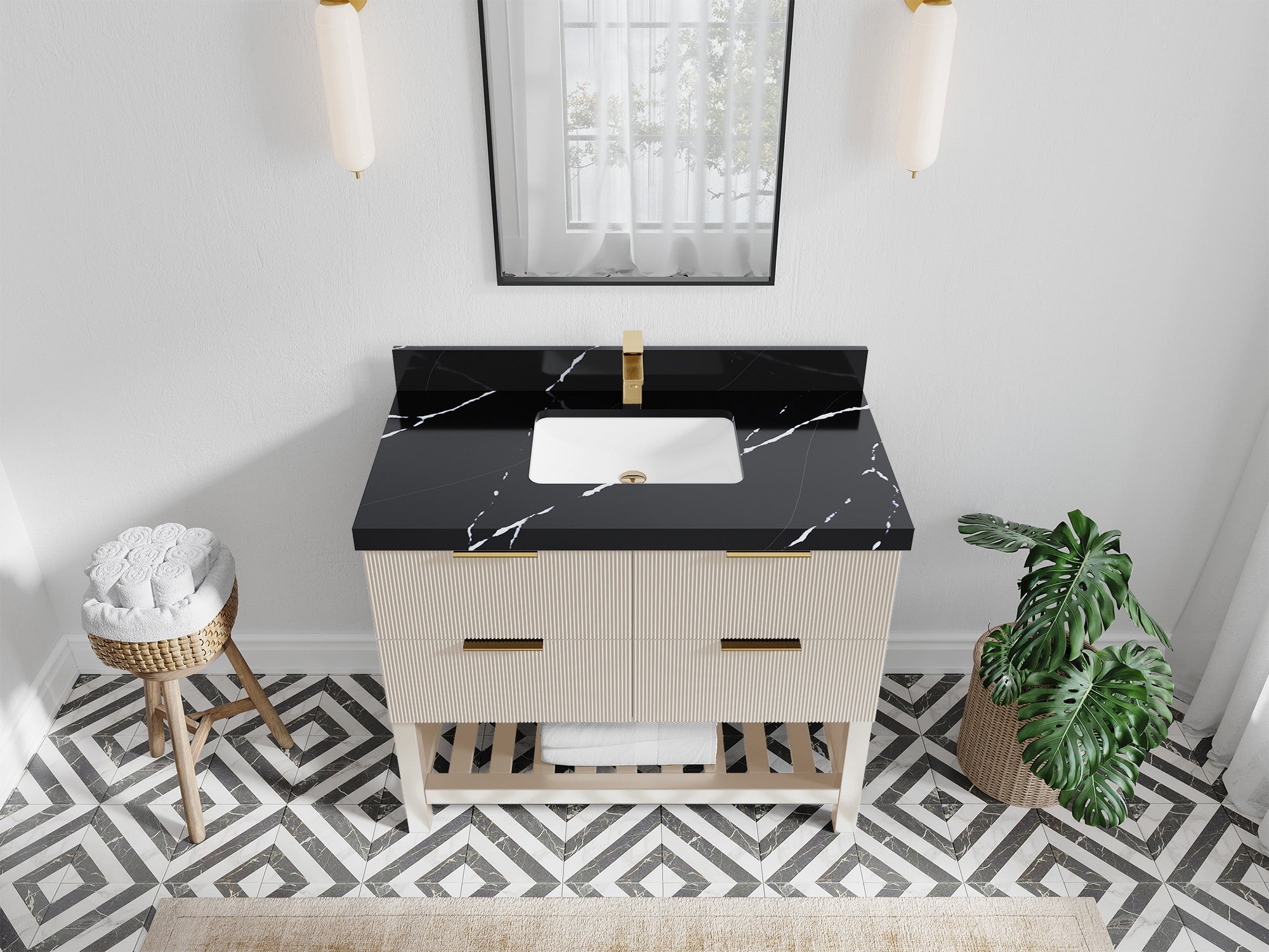 Catalina 42 in. W x 22 in. D Single Sink Bathroom Vanity in Fine Grain with 2 in Calacatta Black Quartz Countertop Top View