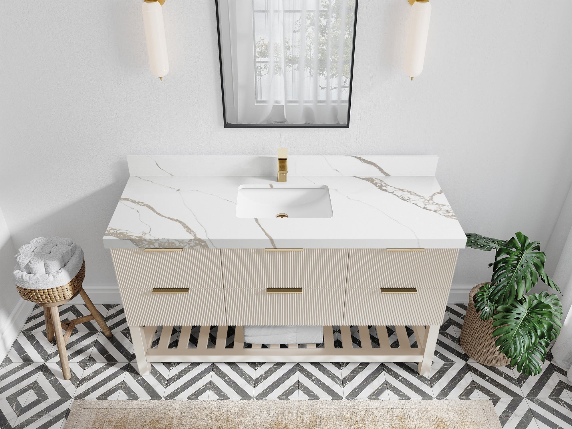 Catalina 60 in. W x 22 in. D Single Sink Bathroom Vanity in Fine Grain with 2 in Calacatta Gold Quartz Countertop - Top View