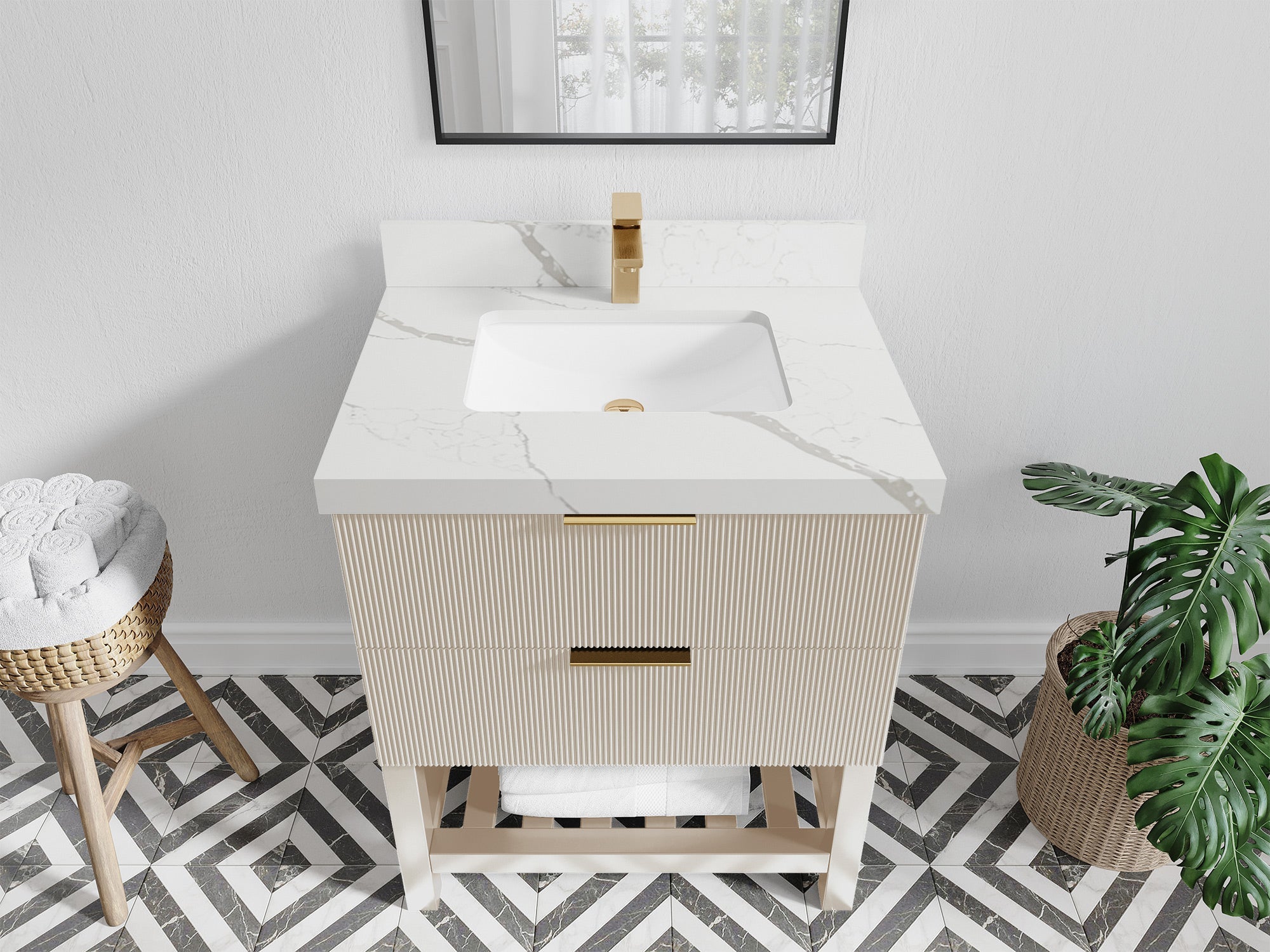 Catalina 30 in. W x 22 in. D Single Sink Bathroom Vanity in Fine Grain with 2 in Calacatta Laza Quartz Countertop - Top View
