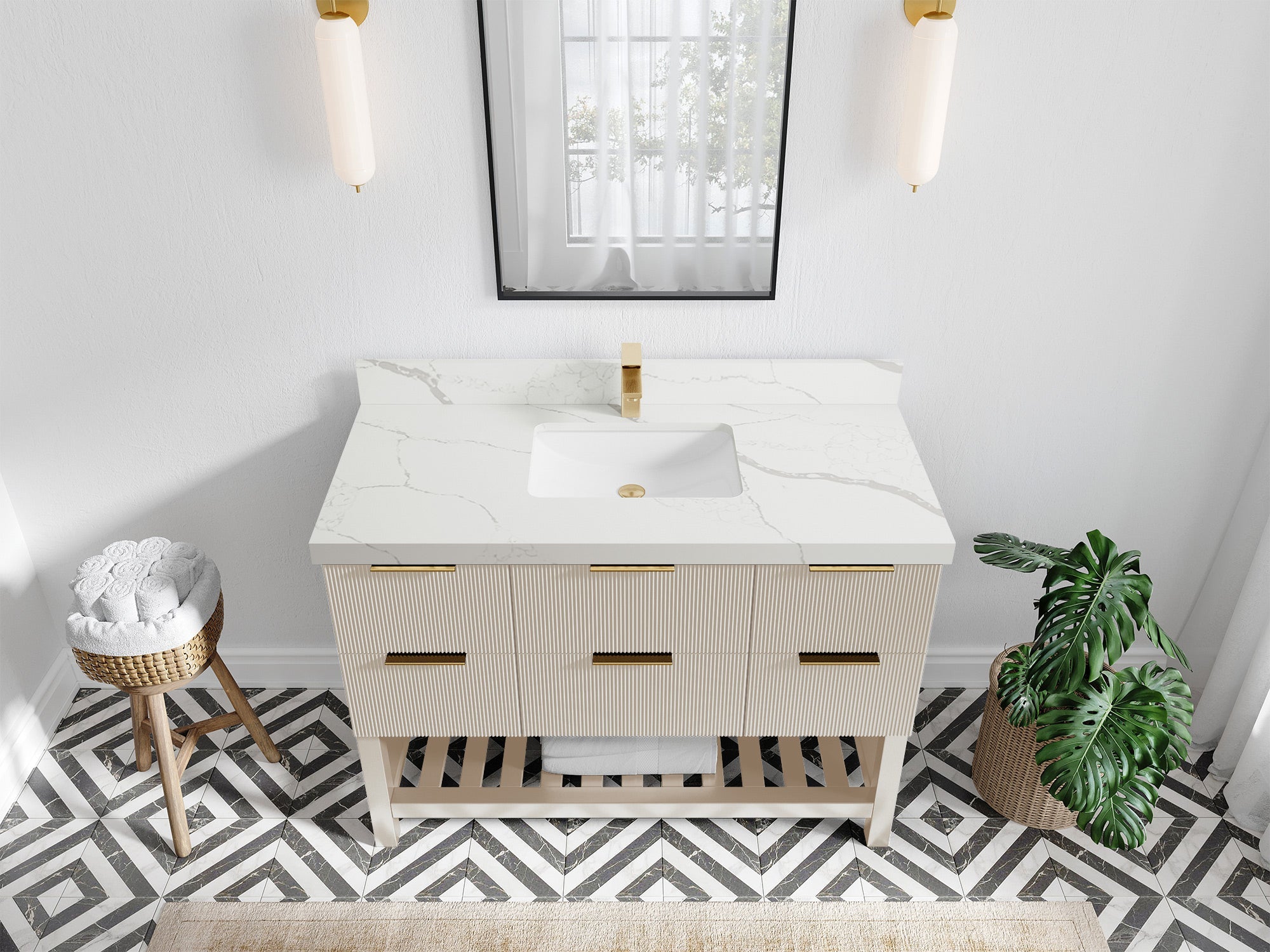 Catalina 48 in. W x 22 in. D Single Sink Bathroom Vanity in Fine Grain with 2 in Calacatta Laza Quartz Countertop - Top View