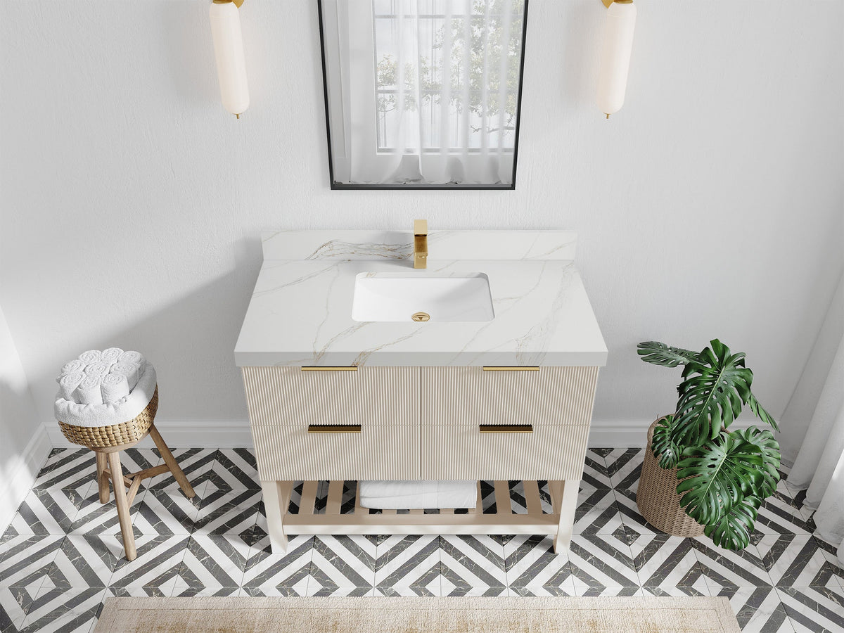 Catalina 42 in. W x 22 in. D Single Sink Bathroom Vanity in Fine Grain with 2 in Calacatta Sienna Quartz Countertop Top View