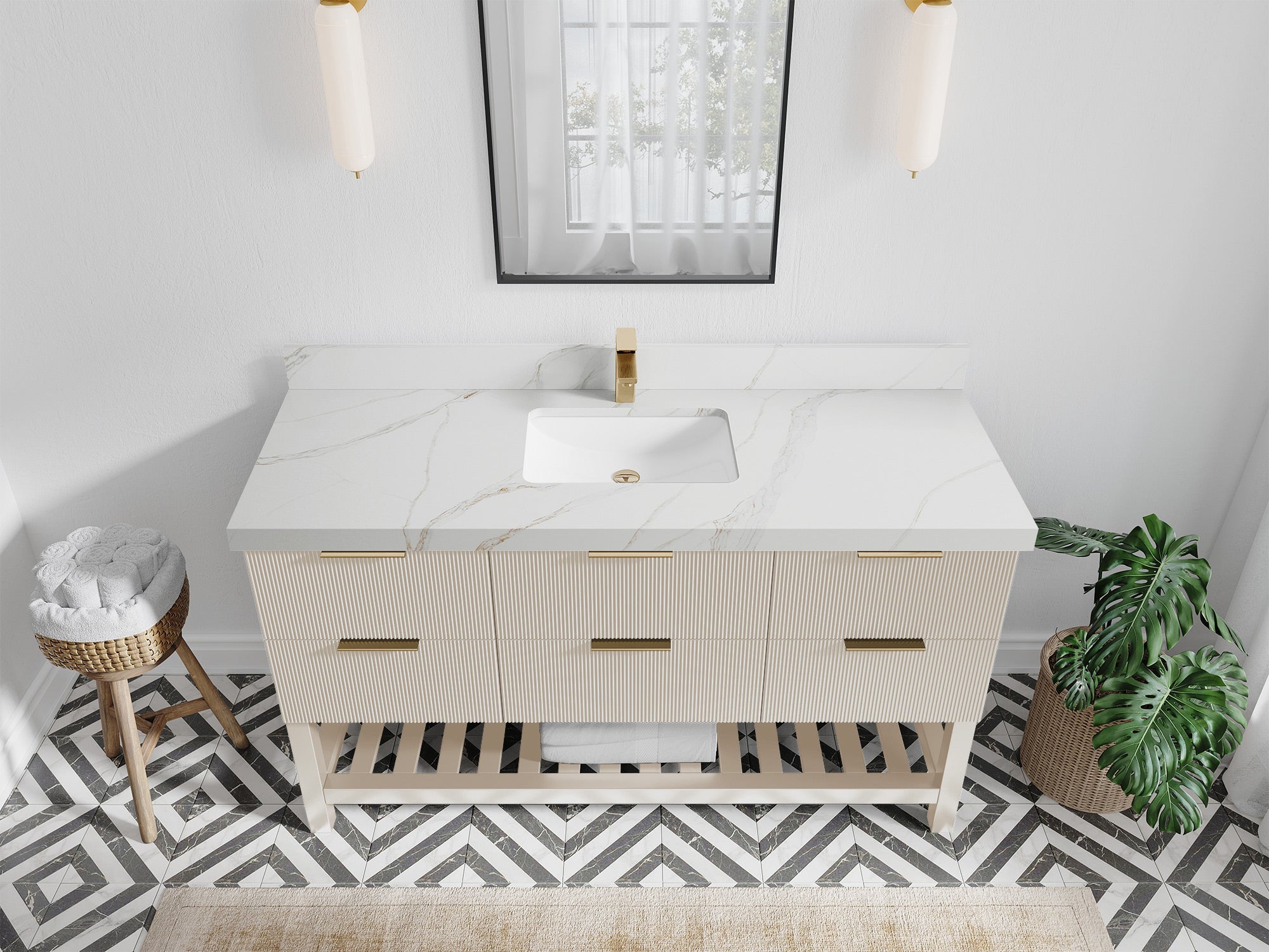 Catalina 60 in. W x 22 in. D Single Sink Bathroom Vanity in Fine Grain with 2 in Calacatta Sienna Quartz Countertop - Top View