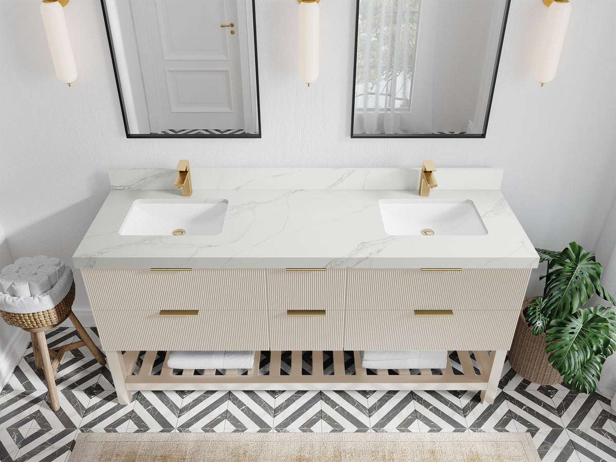 Catalina 72 in. W x 22 in. D Double Sink Bathroom Vanity in Fine Grain with 2 in Calacatta Sienna Quartz Countertop - Top View