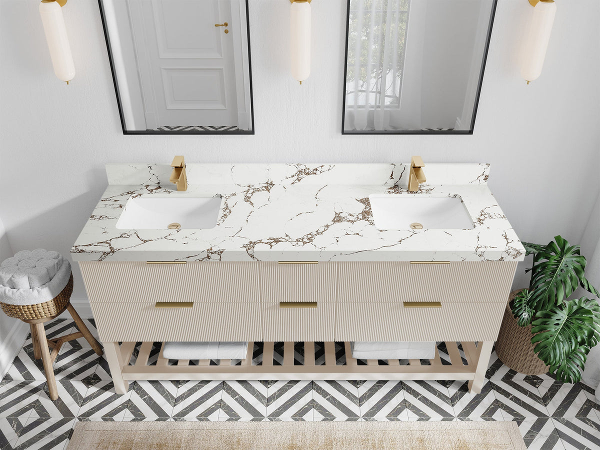 Catalina 72 in. W x 22 in. D Double Sink Bathroom Vanity in Fine Grain with 2 in Viola Brown Quartz Countertop - Top View