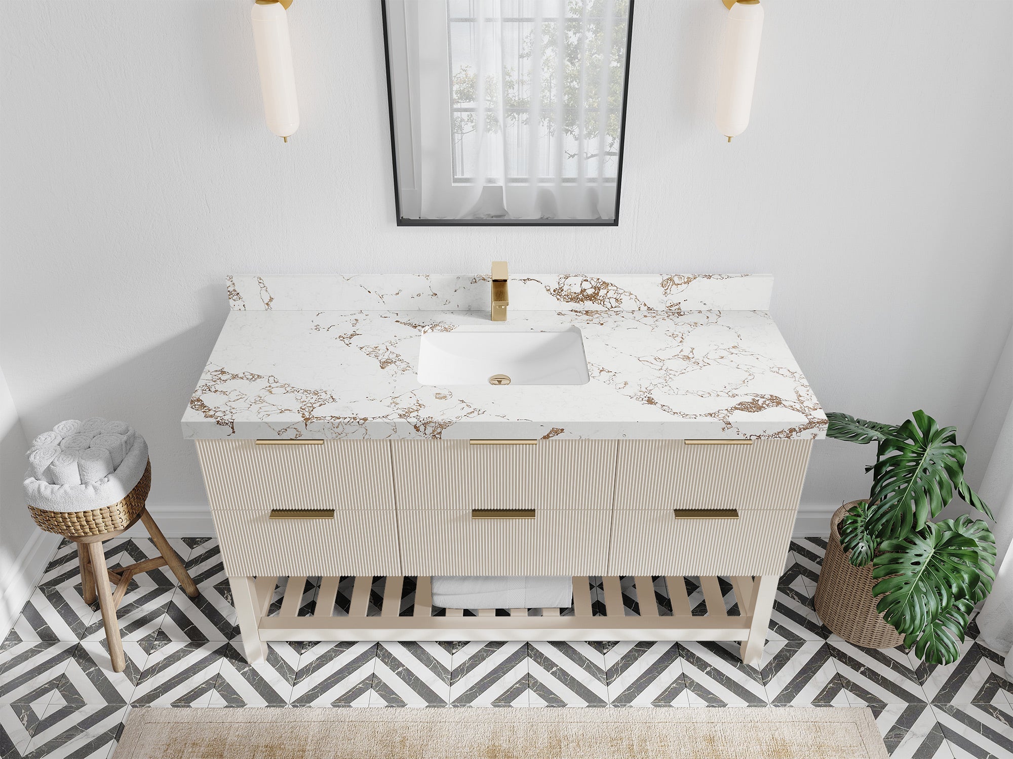Catalina 60 in. W x 22 in. D Single Sink Bathroom Vanity in Fine Grain with 2 in Viola Gold Quartz Countertop - Top View