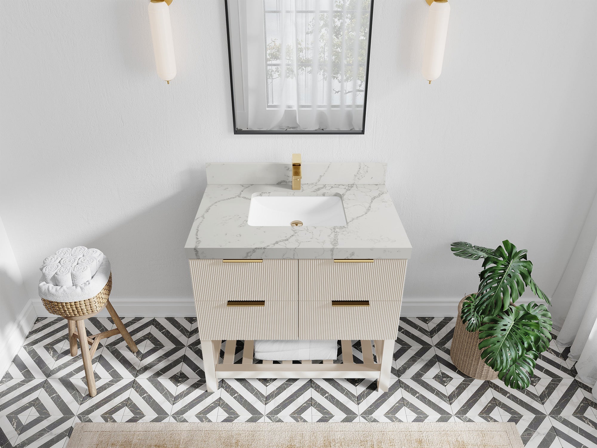 Catalina 36 in. W x 22 in. D Single Sink Bathroom Vanity in Fine Grain with 2 in Venatino Quartz Countertop - Top View