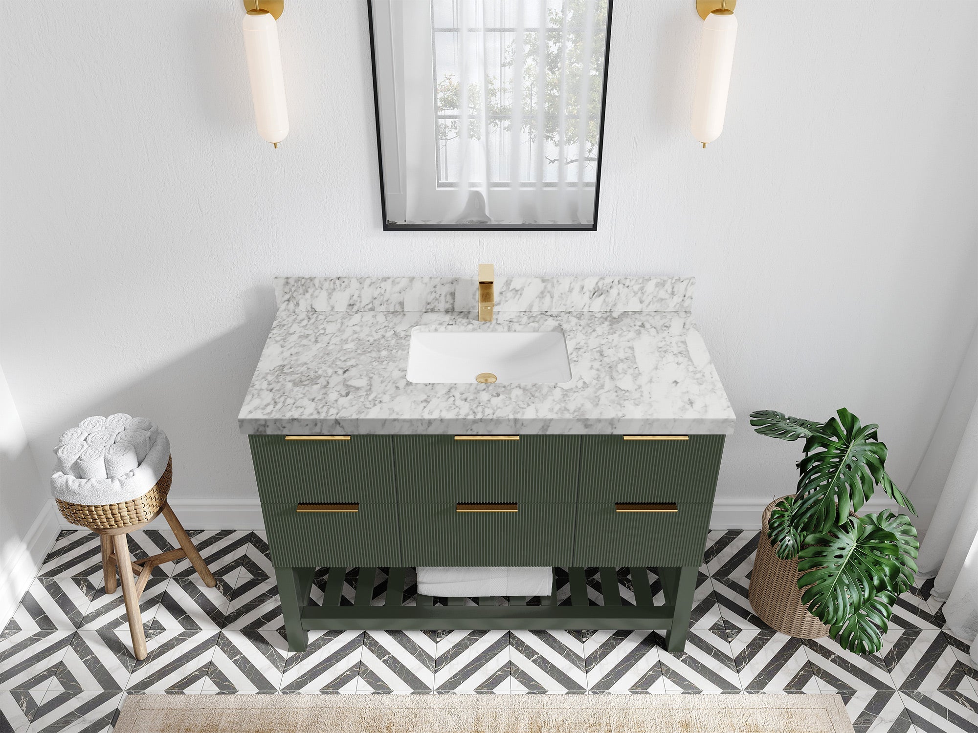 Catalina 48 in. W x 22 in. D Single Sink Bathroom Vanity in Pewter Green with 2 in Carrara Marble Countertop - Top View