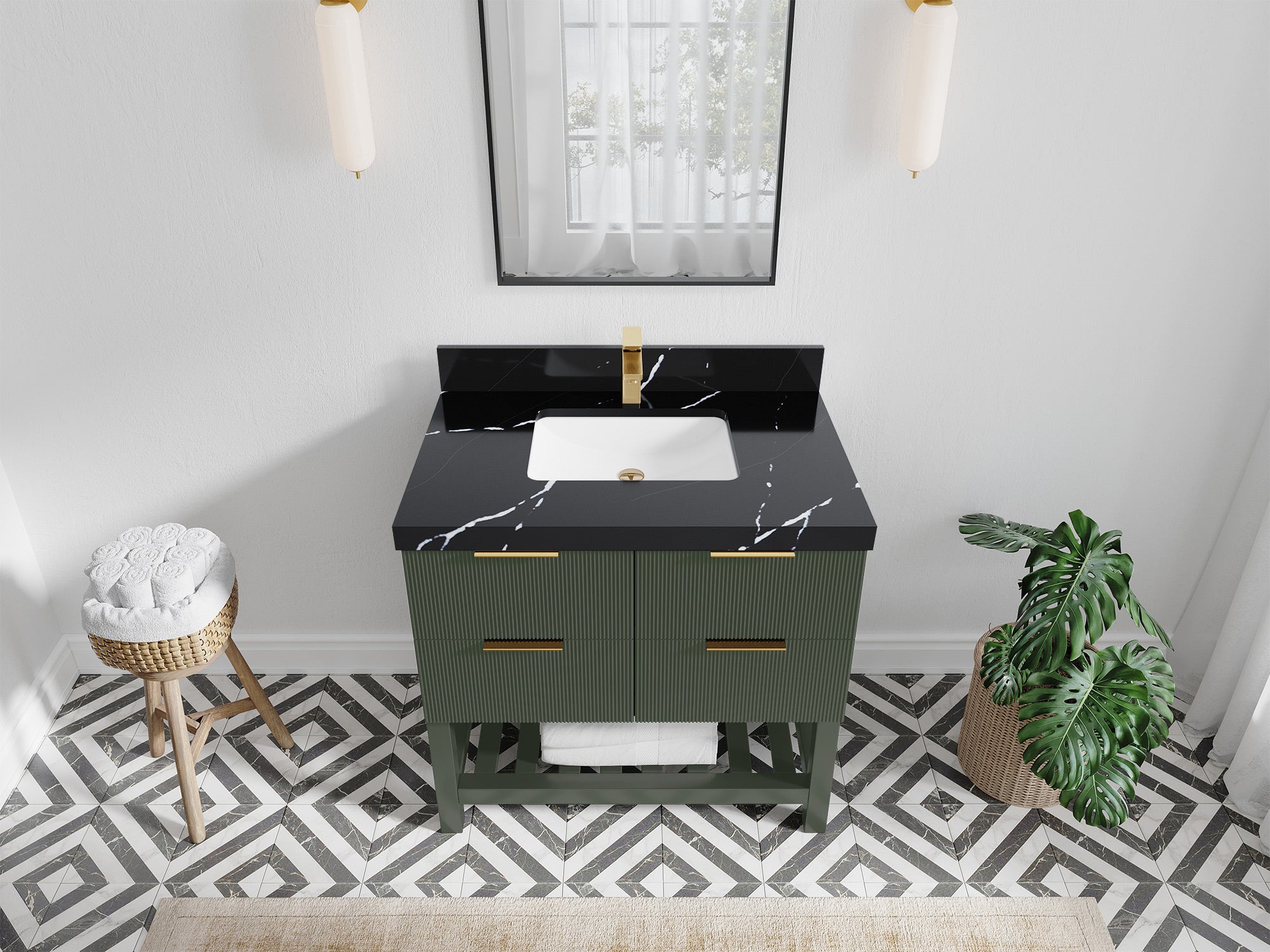 Catalina 36 in. W x 22 in. D Single Sink Bathroom Vanity in Pewter Green with 2 in Calacatta Black Quartz Countertop - Top View