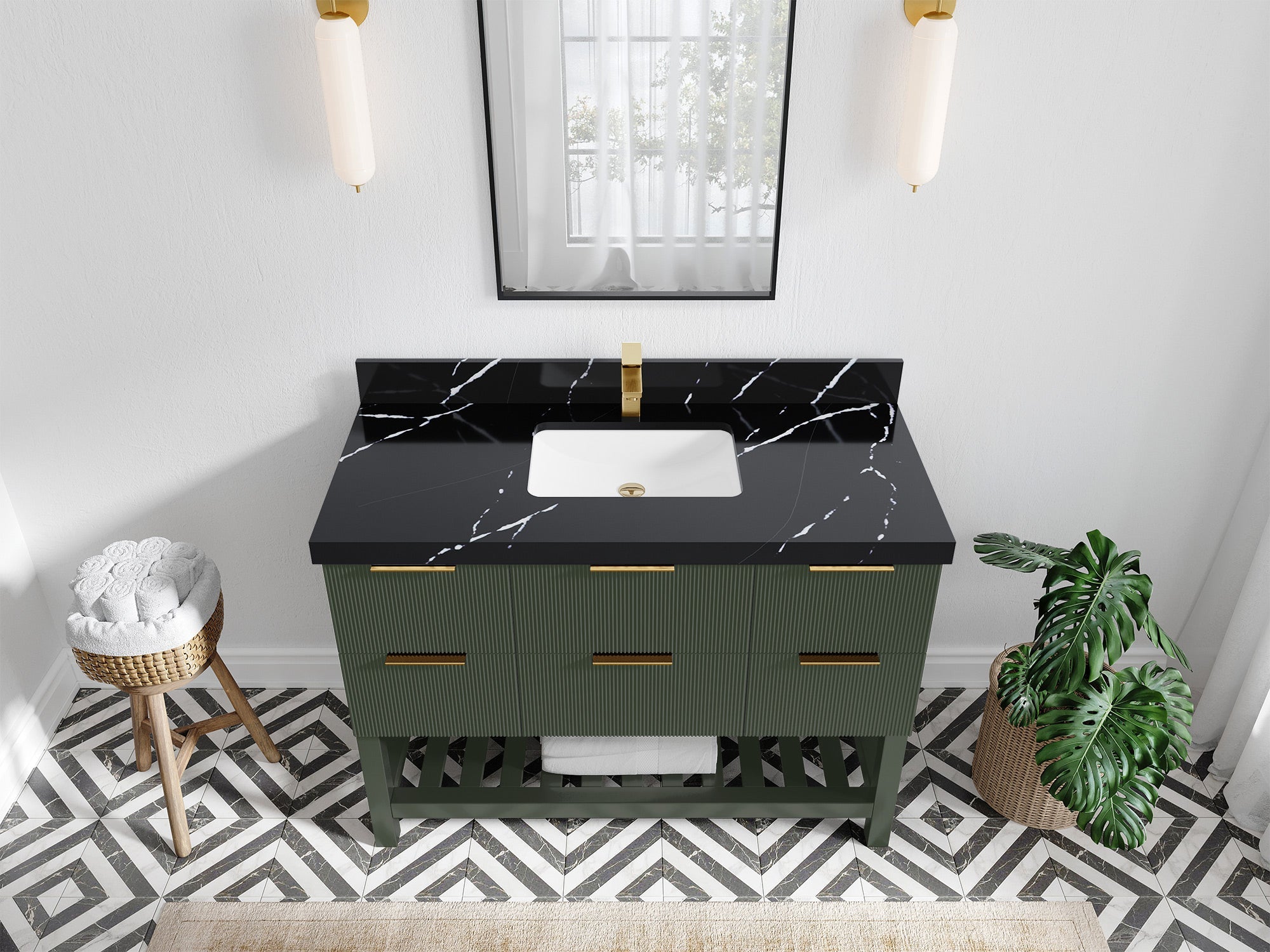 Catalina 48 in. W x 22 in. D Single Sink Bathroom Vanity in Pewter Green with 2 in Calacatta Black Quartz Countertop - Top View