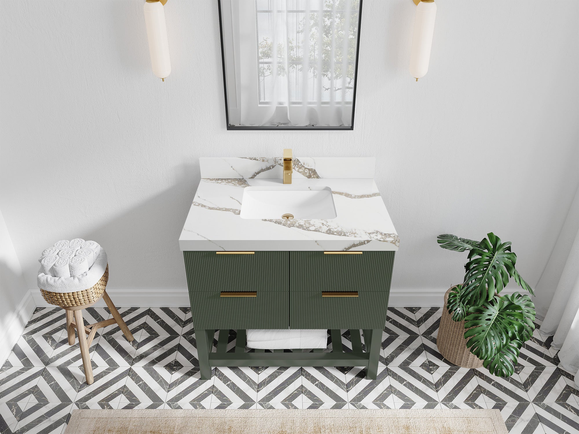 Catalina 36 in. W x 22 in. D Single Sink Bathroom Vanity in Pewter Green with 2 in Calacatta Gold Quartz Countertop - Top View