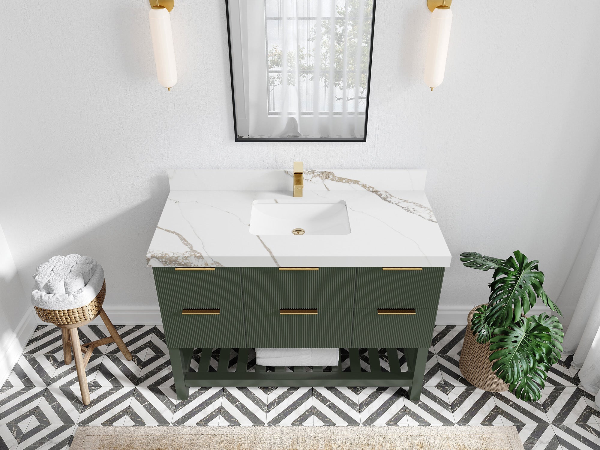 Catalina 48 in. W x 22 in. D Single Sink Bathroom Vanity in Pewter Green with 2 in Calacatta Gold Quartz Countertop - Top View