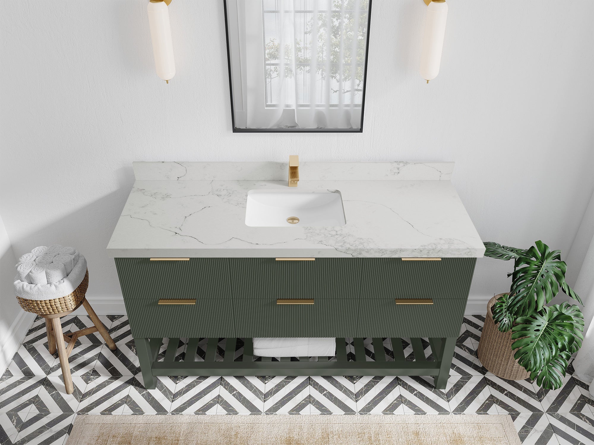 Catalina 60 in. W x 22 in. D Single Sink Bathroom Vanity in Pewter Green with 2 in Calacatta Nuvo Quartz Countertop - Top View