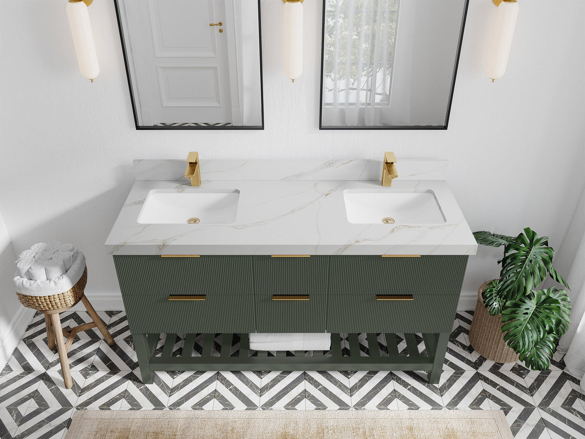 Catalina 60 in. W x 22 in. D Double Sink Bathroom Vanity in Pewter Green with 2 in Calacatta Sienna Quartz Countertop - Top View