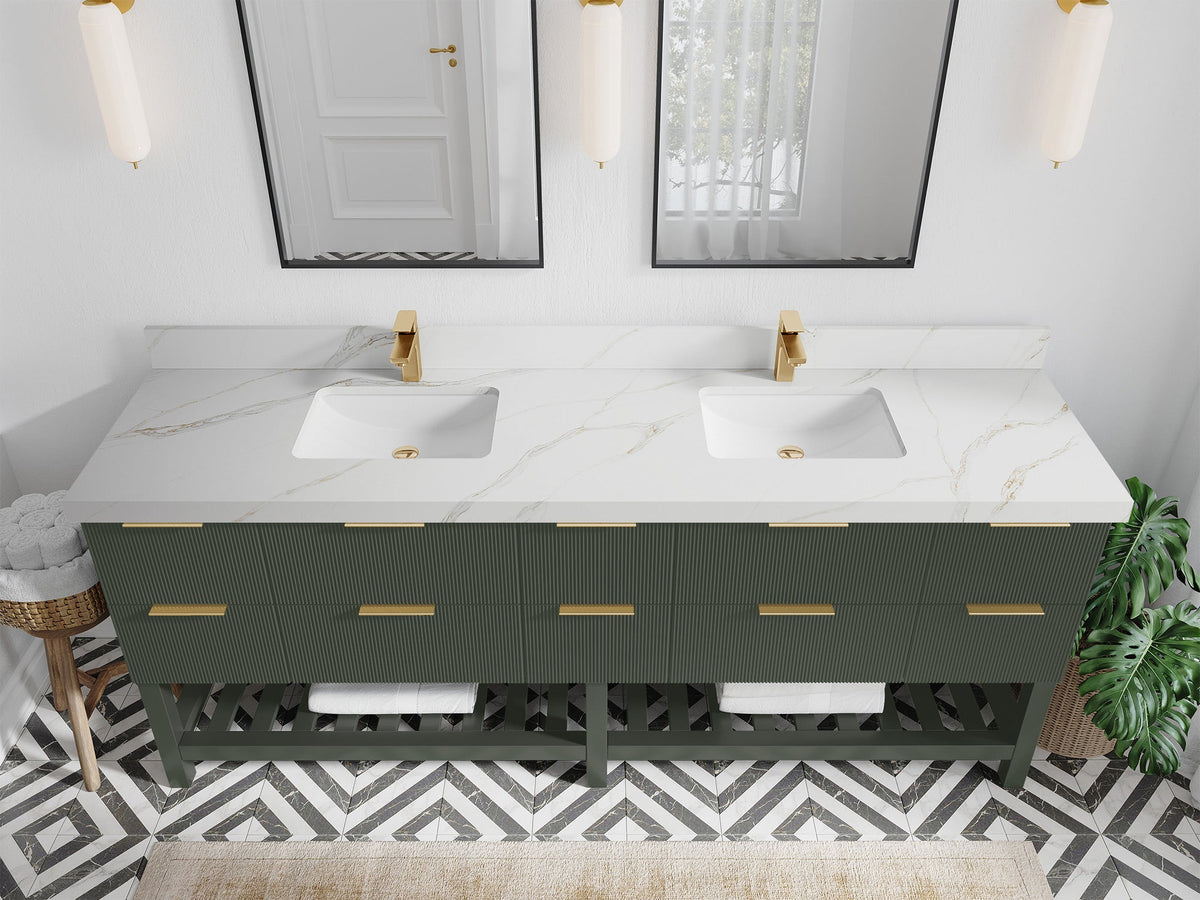 Catalina 84 in. W x 22 in. D Double Sink Bathroom Vanity in Pewter Green with 2 in Calacatta Sienna Quartz Countertop - Top View
