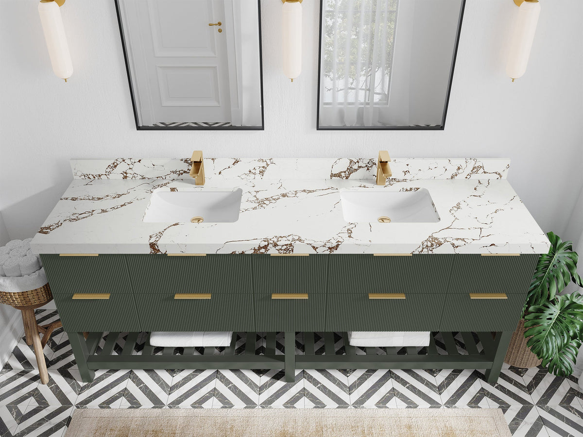 Catalina 84 in. W x 22 in. D Double Sink Bathroom Vanity in Pewter Green with 2 in Viola Brown Quartz Countertop - Top View