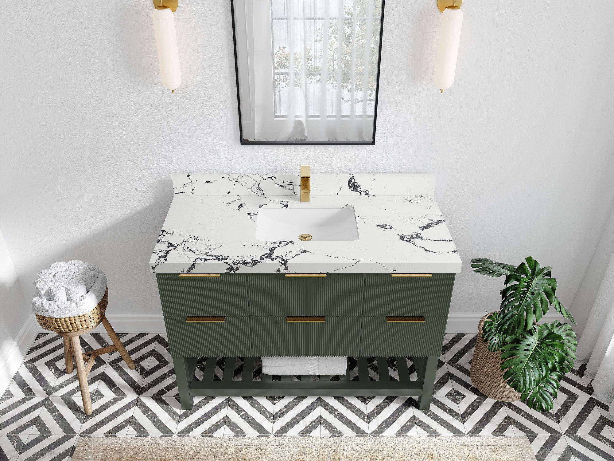 Catalina 48 in. W x 22 in. D Single Sink Bathroom Vanity in Pewter Green with 2 in Viola Night Quartz Countertop - Top View