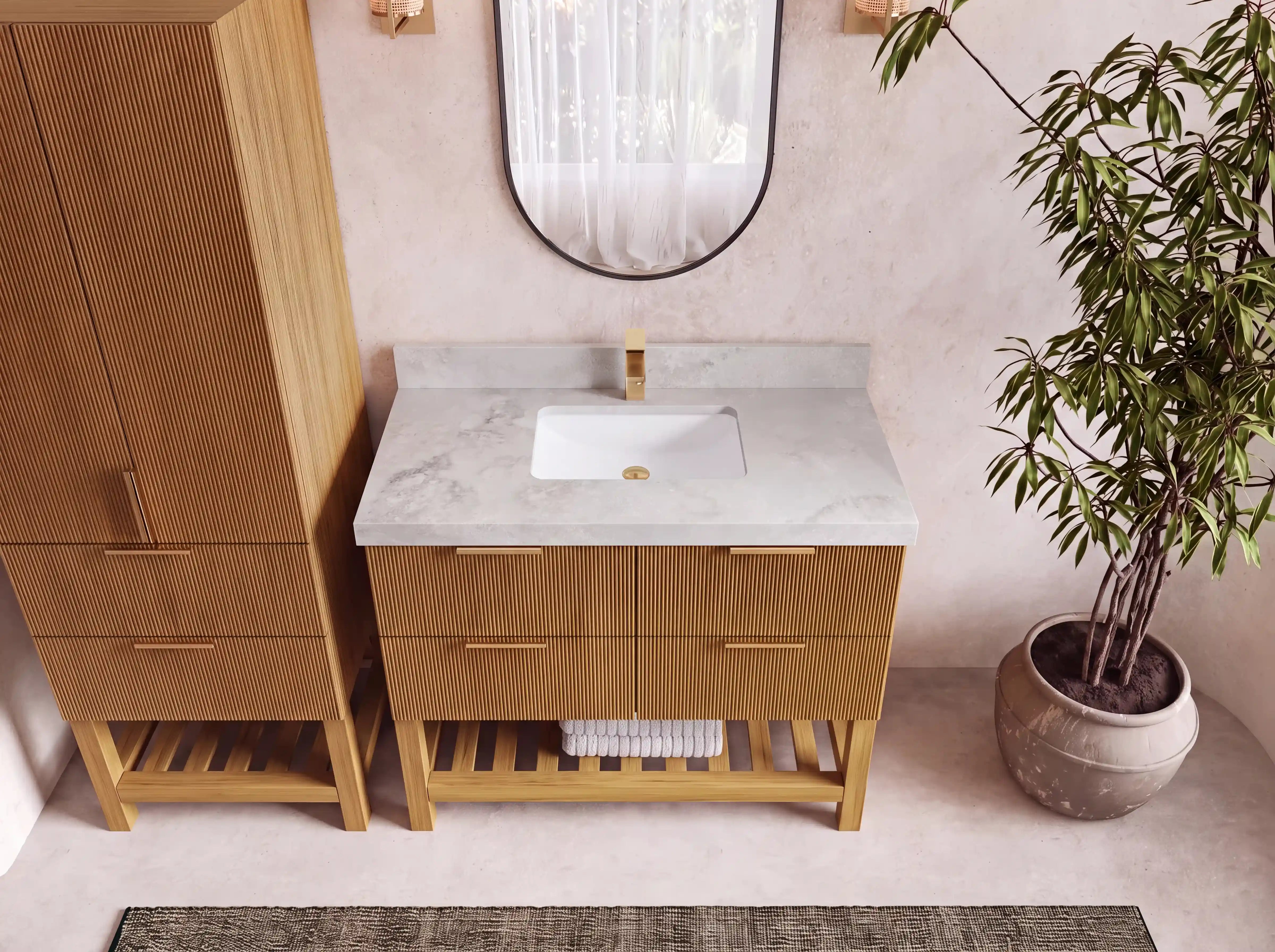 Catalina Teak 42 in W x 22 in D Free Standing Reeded Single Sink Bathroom Vanity