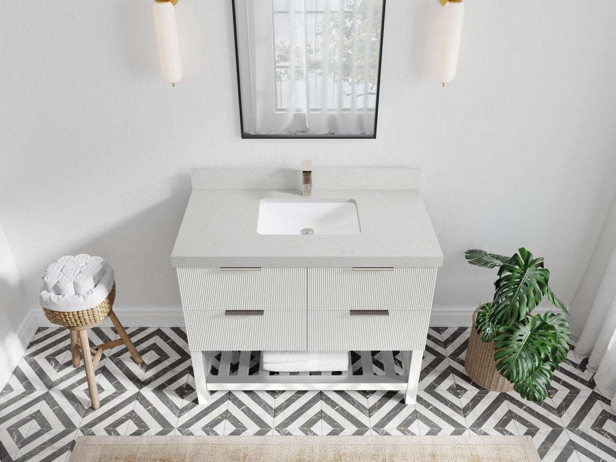 Catalina 42 in. W x 22 in. D Single Sink Bathroom Vanity in White with 2 in Cararra Quartz Countertop Top View