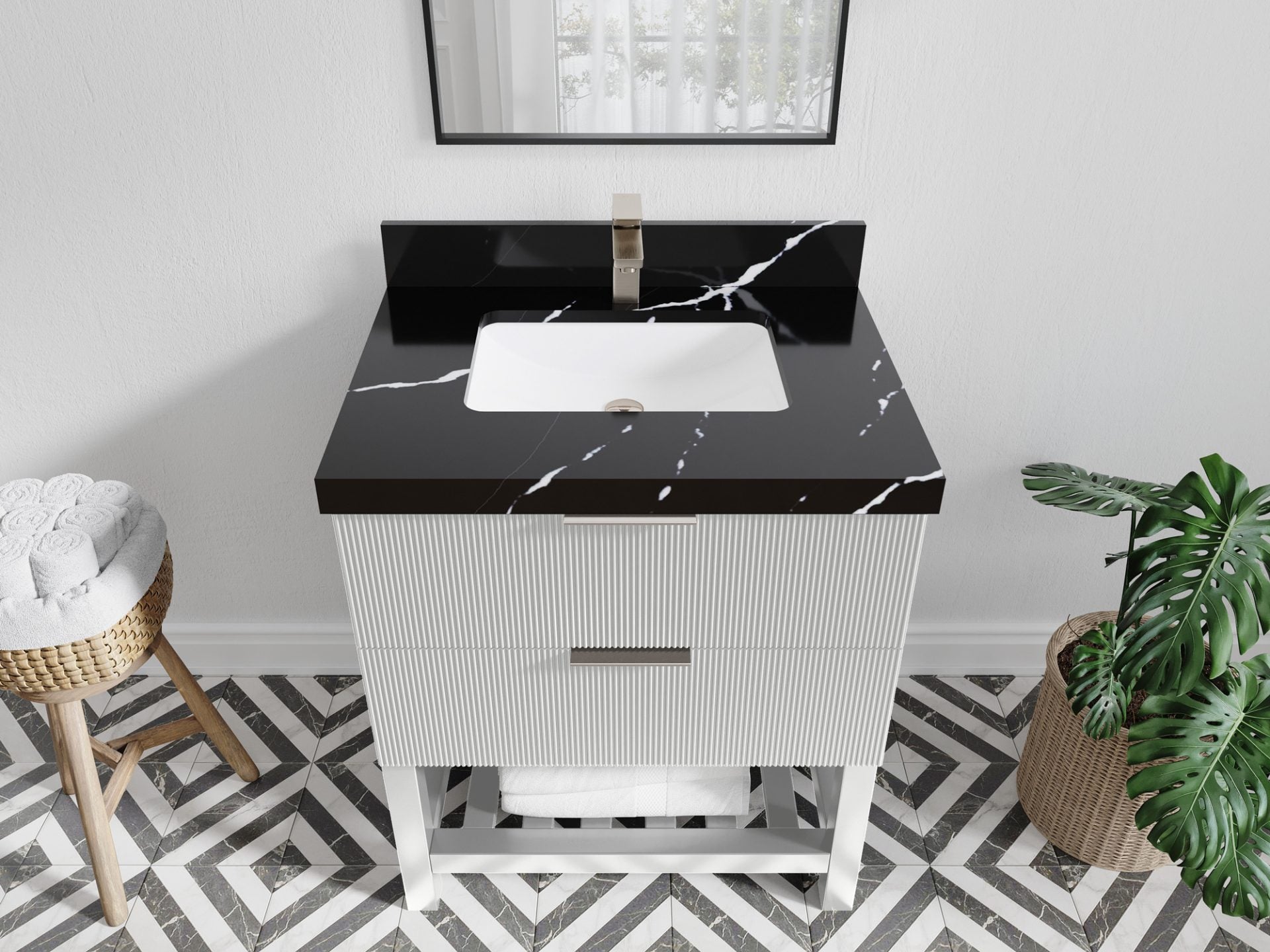 Catalina 30 in. W x 22 in. D Single Sink Bathroom Vanity in White with 2 in Calacatta Black Quartz Countertop - Top View