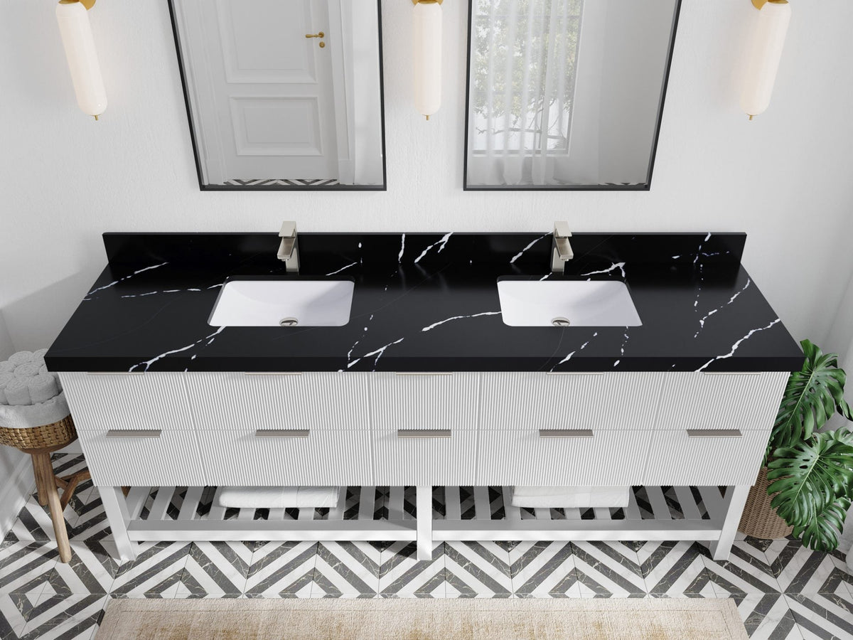 Catalina 84 in. W x 22 in. D Double Sink Bathroom Vanity in White with 2 in Calacatta Black Quartz Countertop - Top View