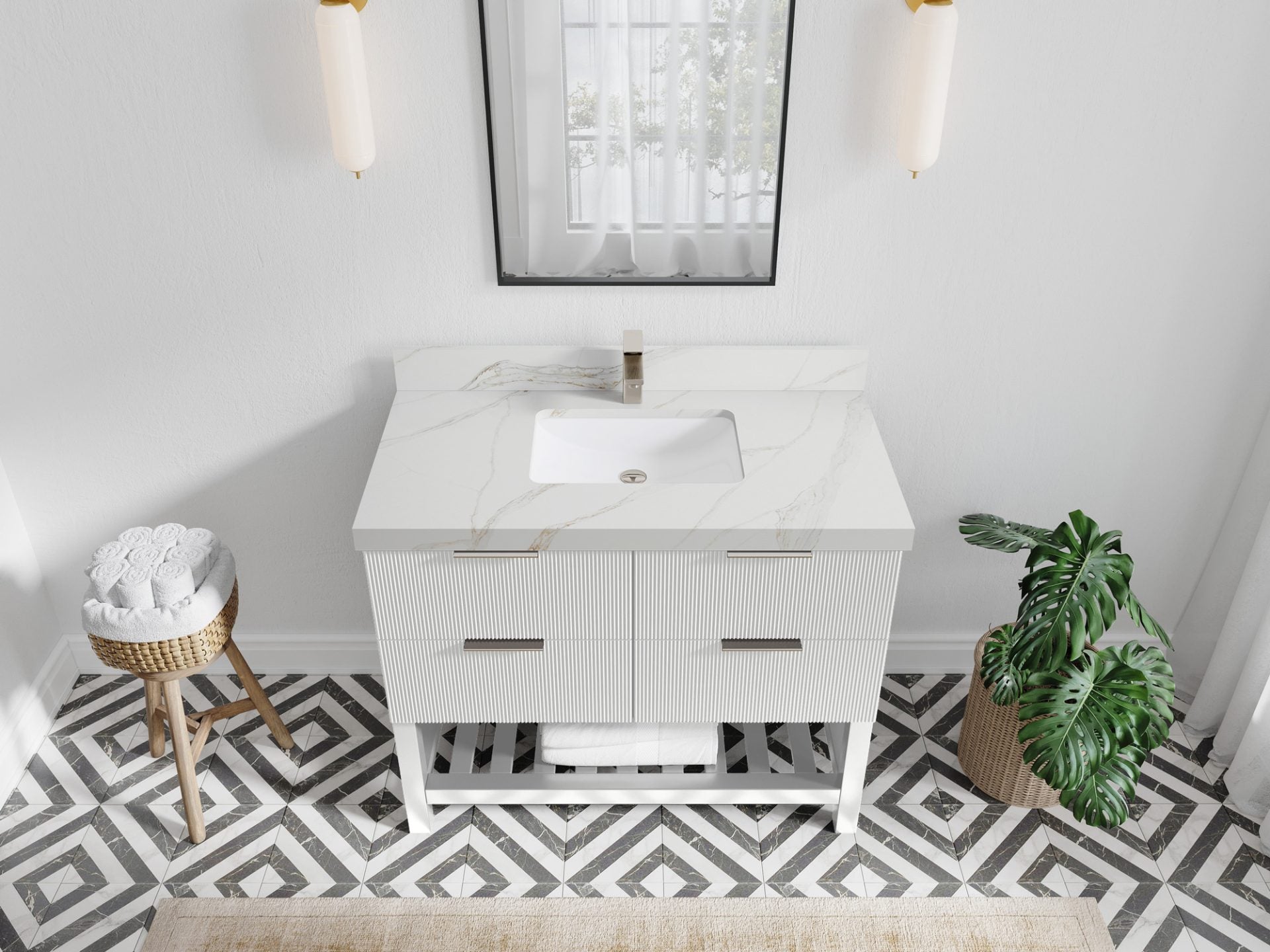 Catalina 42 in. W x 22 in. D Single Sink Bathroom Vanity in White with 2 in Calacatta Sienna Quartz Countertop Top View