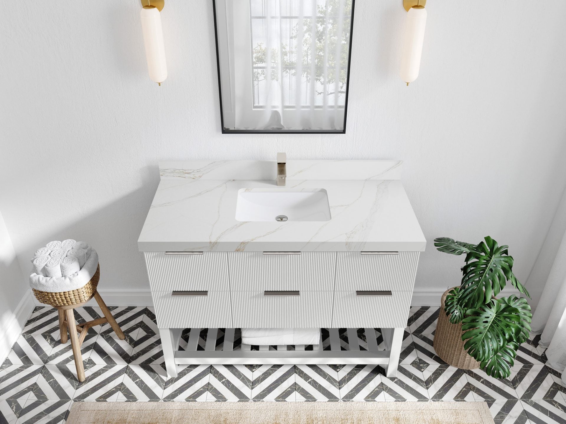 Catalina 48 in. W x 22 in. D Single Sink Bathroom Vanity in White with 2 in Calacatta Sienna Quartz Countertop - Top View