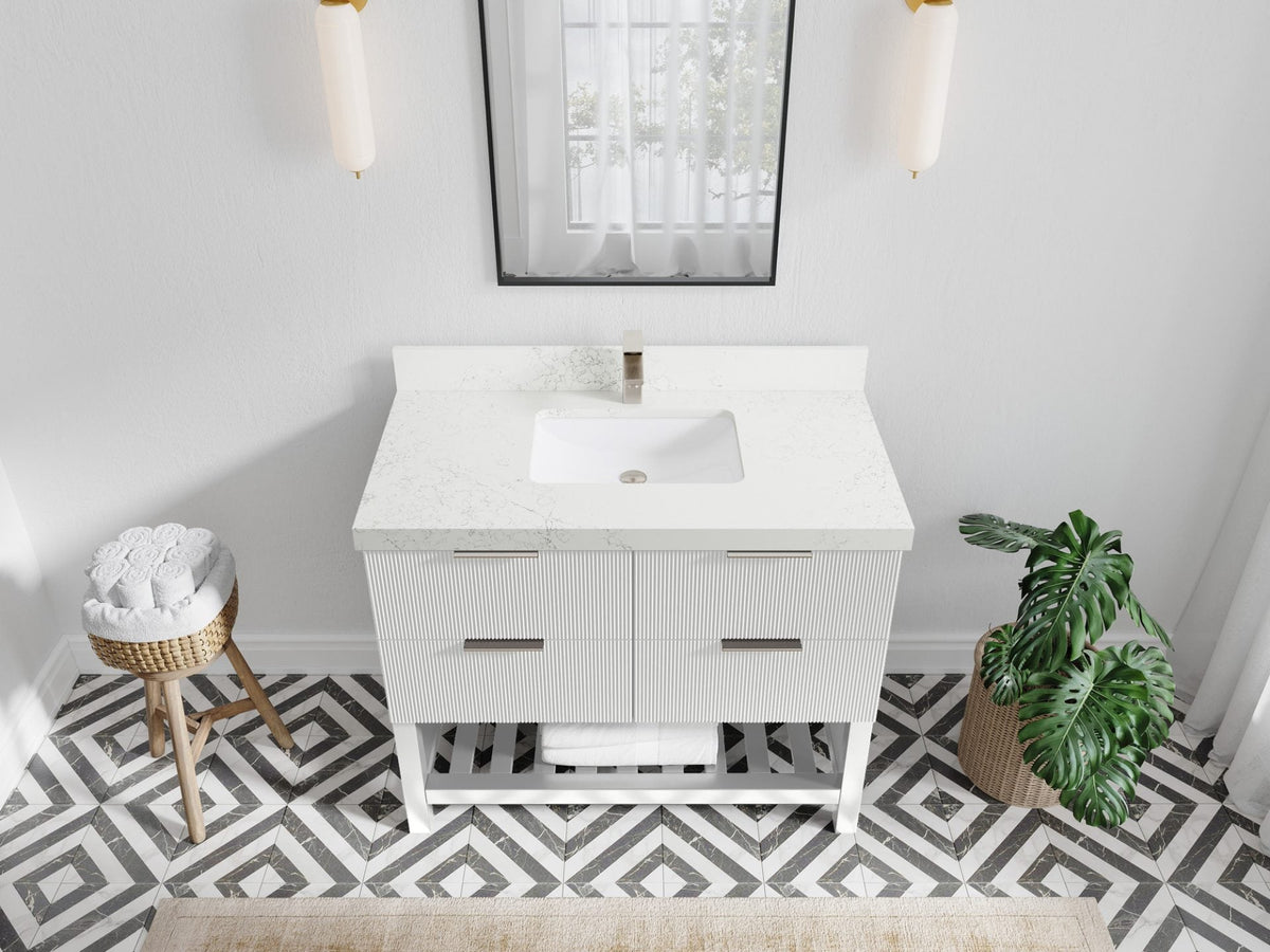 Catalina 42 in. W x 22 in. D Single Sink Bathroom Vanity in White with 2 in Empira White Quartz Countertop Top View