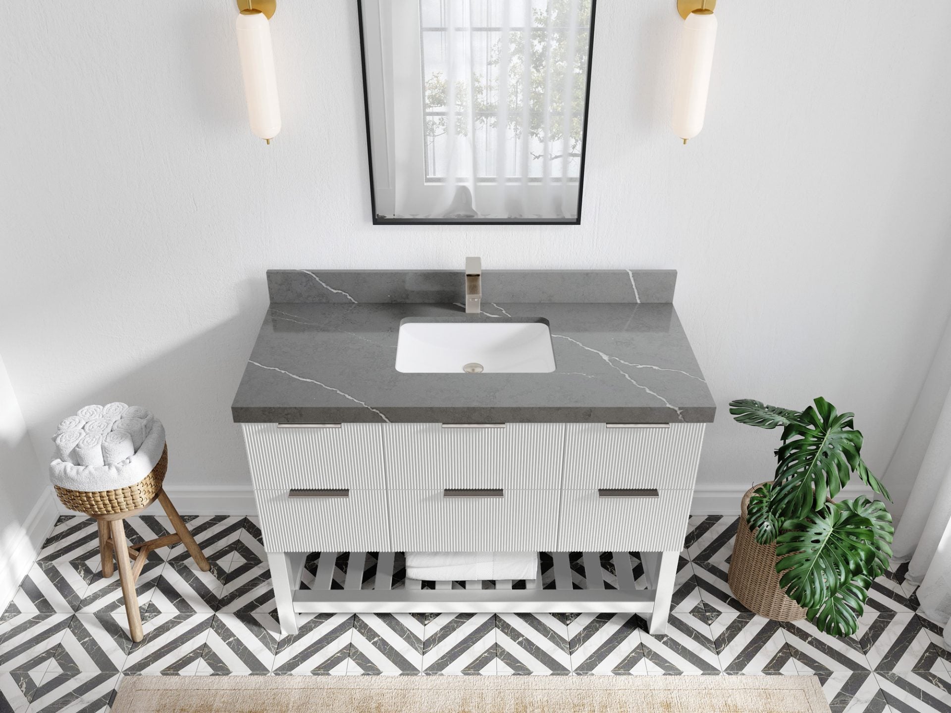 Catalina 48 in. W x 22 in. D Single Sink Bathroom Vanity in White with 2 in Piatra Gray Quartz Countertop - Top View